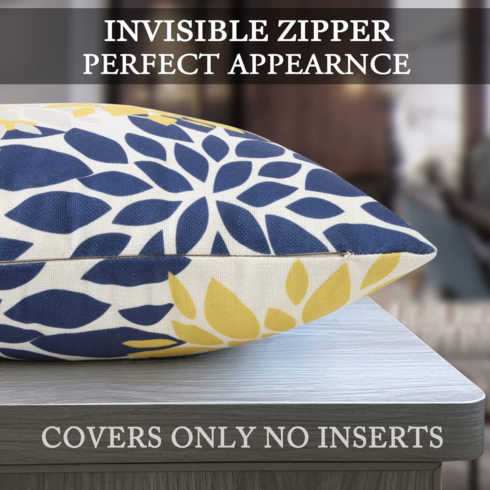Pyonic Decorative Throw Pillow Covers 18x18 Inch - Yellow Modern Linen Flower Cushion Covers for Sofa, Bed, Car & Bedroom - Set of 4 Home Decor Accent Pillows - Perfect for Living Room, Nursery, Patio & Outdoor Spaces