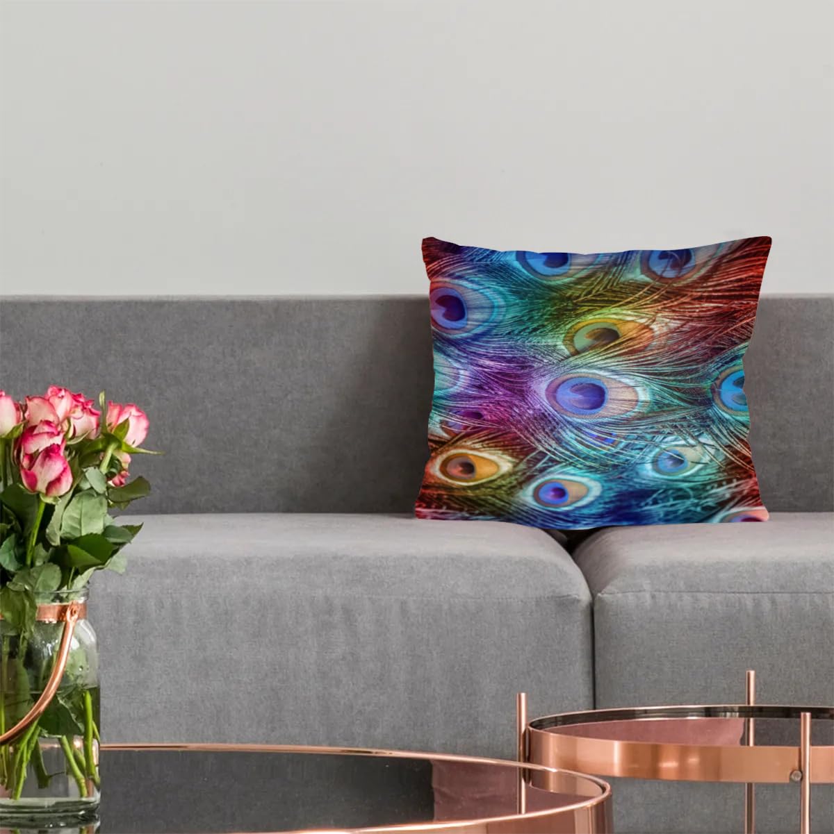 Peacock Feather Pillow Covers 18x18 - Decorative Throw Pillows for Couch, Bed & Car