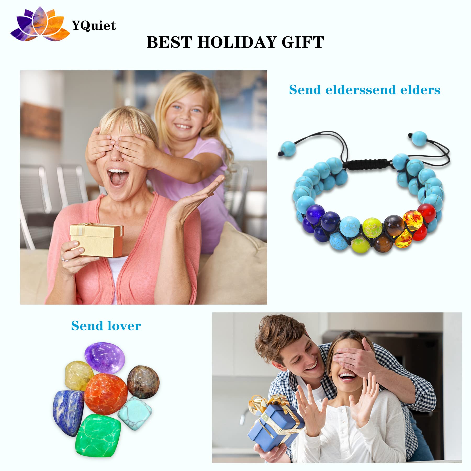 YQuiet 8mm Beaded Bracelets for Women & Men - Handmade 7 Chakra Crystal Healing Bracelet with Spiritual Protection & Good Luck Energy | Yoga, Meditation & Everyday Wear