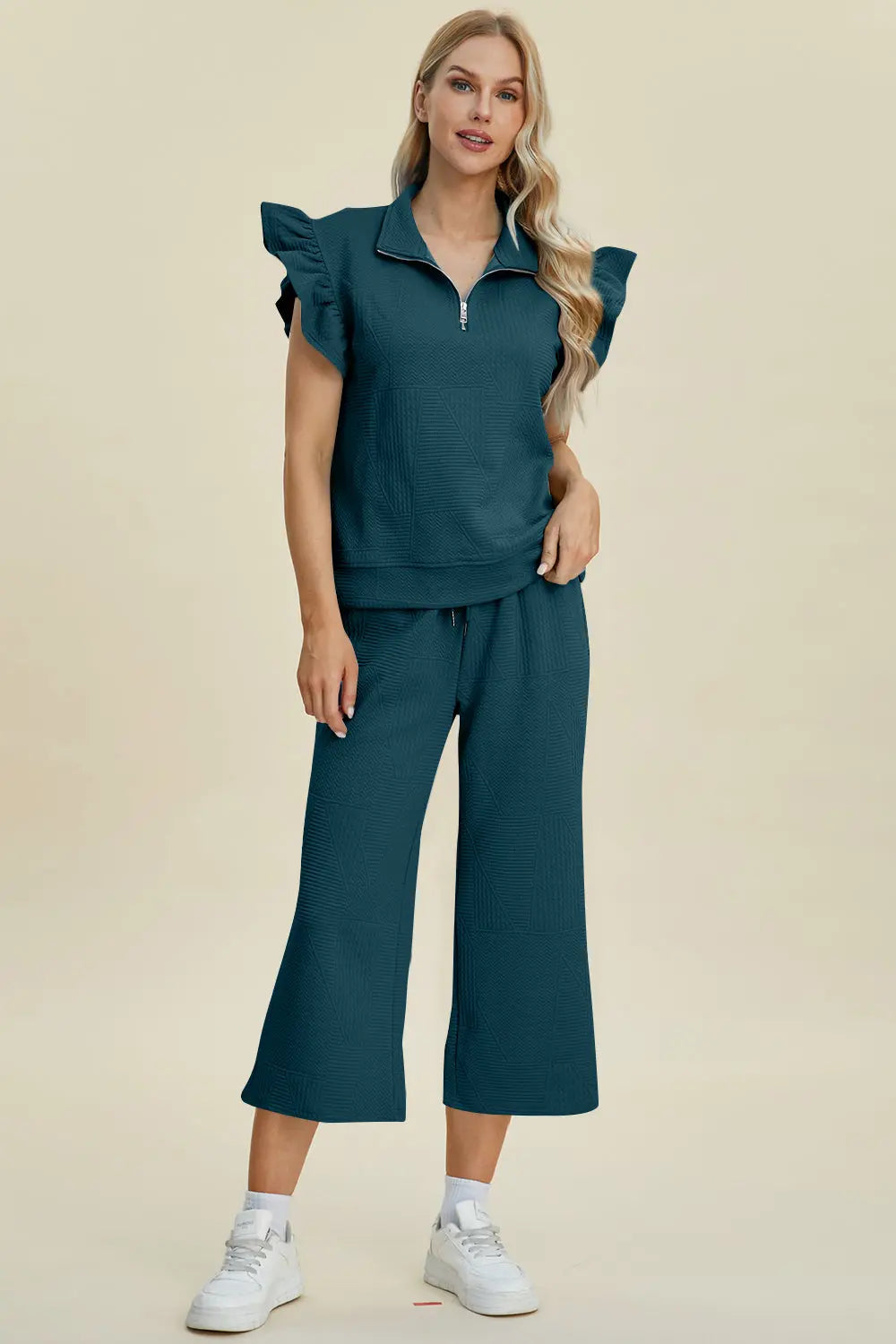 Double Take Women's Full Size Textured Ruffle Short Sleeve Top & Wide Leg Pants Set | Casual Outfit for Summer, Beach, Date Night & Office Wear