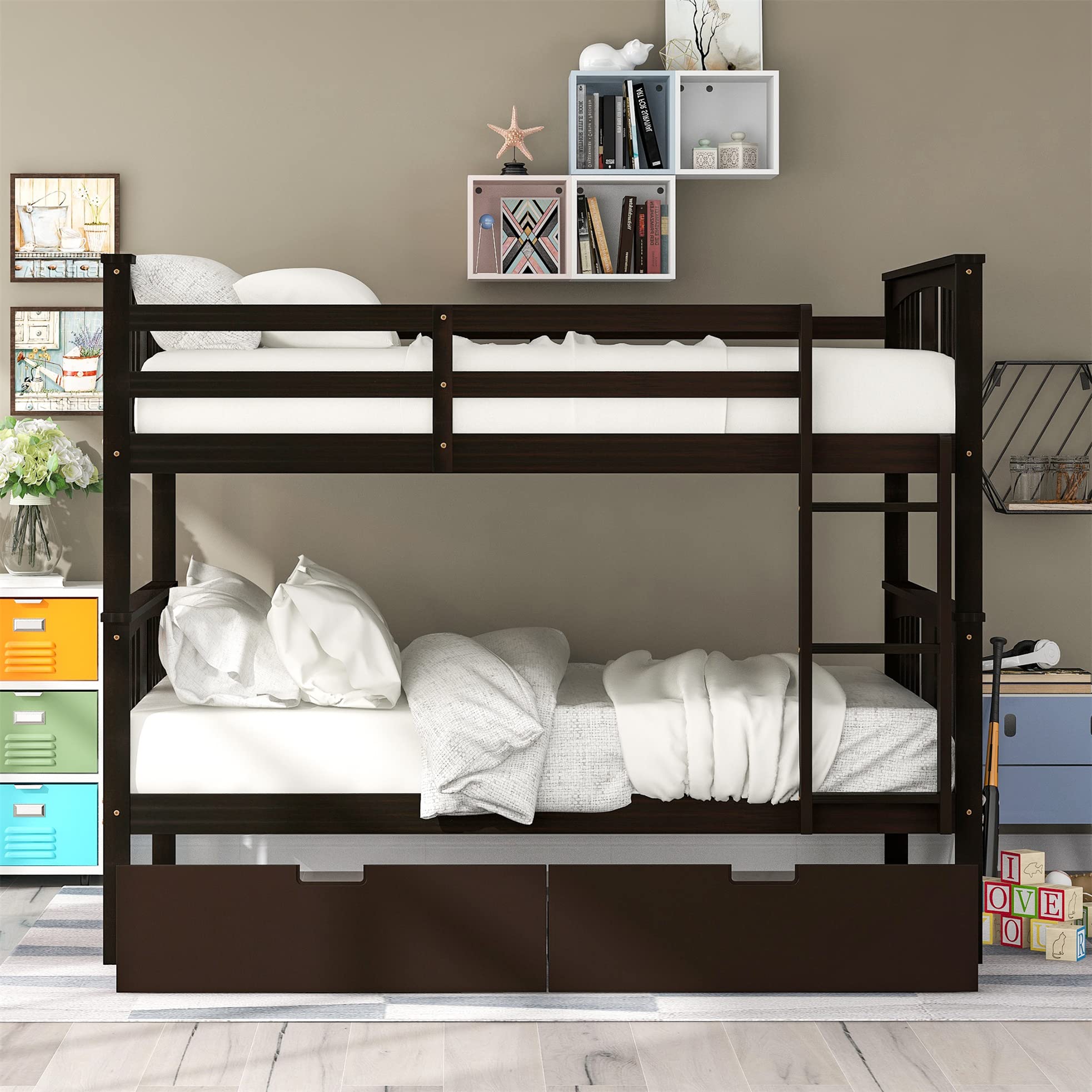 Full Over Full Bunk Bed with Storage Drawers & Safety Rail - Sturdy Wood Bunk Bed for Adults, Kids, Teens - No Box Spring Needed (Espresso Finish) - Perfect for Small Bedrooms, Guest Rooms & Vacation Homes