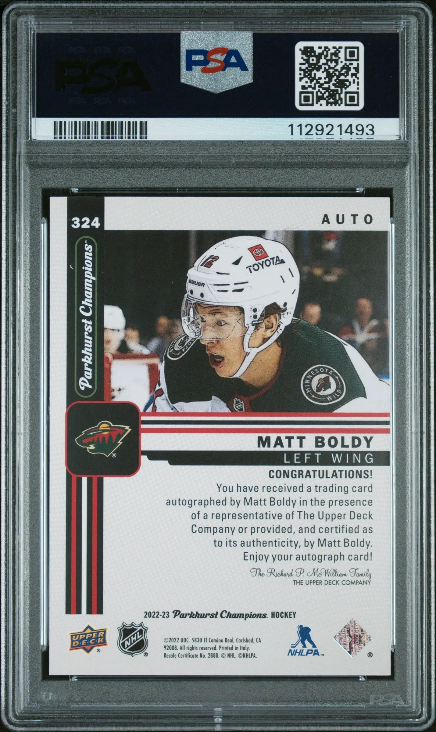 2022 UD Parkhurst Champions Matt Boldy Rookie Autograph Card PSA 9 - Hockey Collectible for Fans & Investors - Perfect for Display, Trading, and Memorabilia Collections