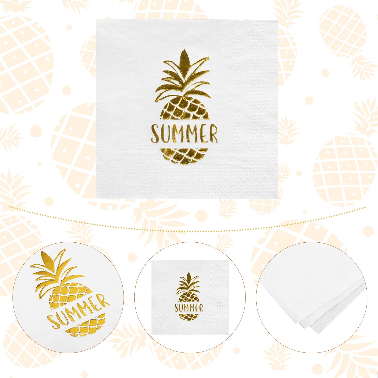 AnyDesign 100-Pack 5x5 Inch Gold Foil Pineapple Cocktail Napkins - Disposable White Summer Party Paper Napkins for Birthdays, Baby Showers, Beach & Pool Parties - Perfect for Tropical Themed Events & Outdoor Gatherings