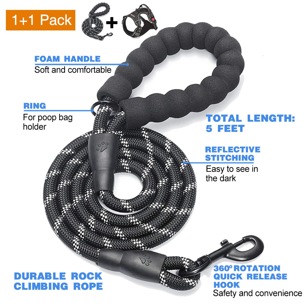 No Pull Dog Harness Adjustable Reflective Oxford - Easy Control Medium Large Dog Vest with Heavy Duty 5ft Leash (M: Neck 14.5