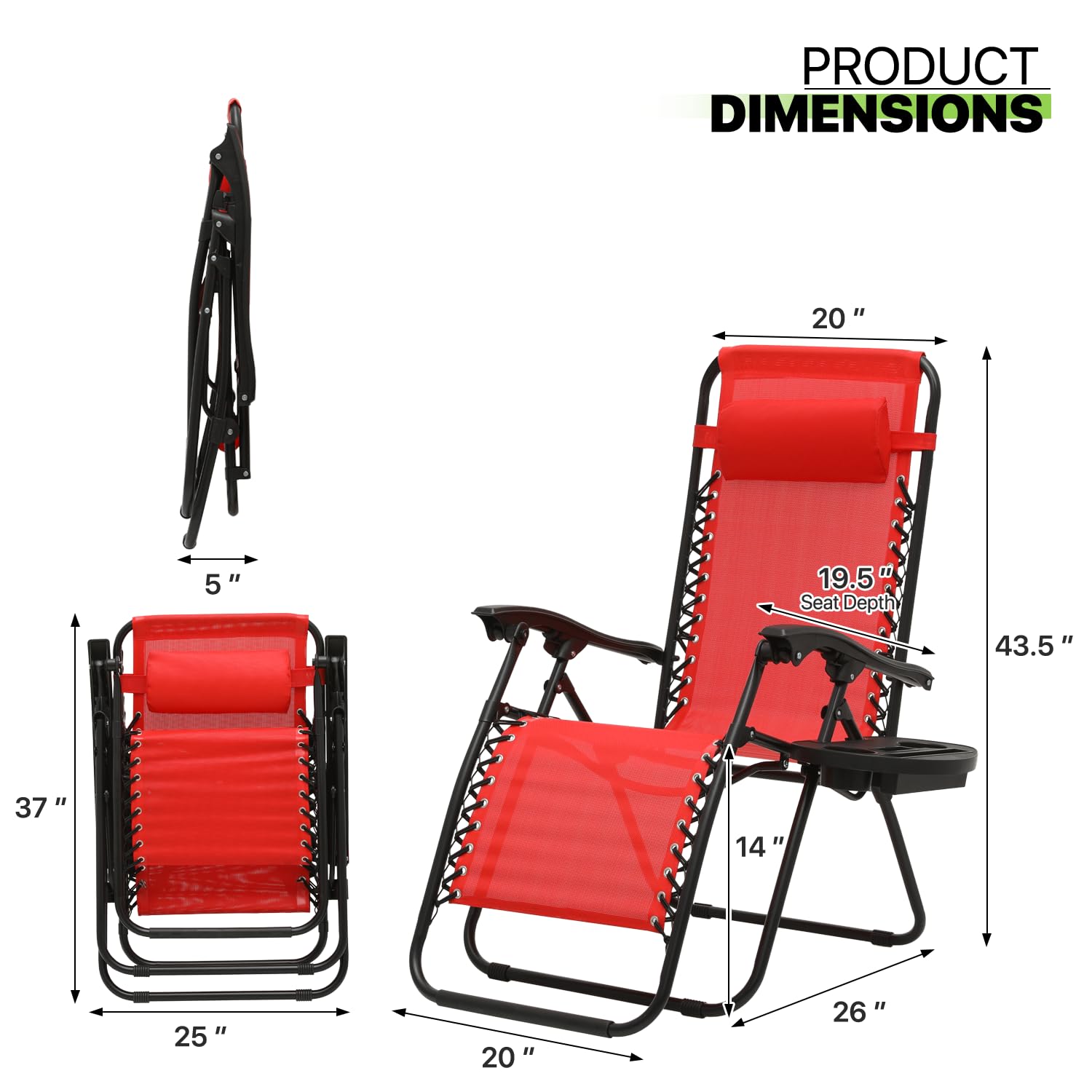 Magshion Zero Gravity Lounge Chairs Set of 2 - Adjustable Outdoor Patio Recliners with Side Tray & Pillow Headrest - Foldable Anti-Gravity Chairs for Lawn, Camping, Beach (Red) - Perfect for Relaxing in Backyard, Poolside or Vacation Getaways