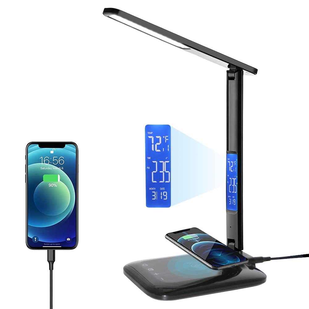 Fatefan LED Desk Lamp with 15 Brightness Modes - Foldable USB Charging Office Lamp with Clock, Alarm, Date & Temperature Display - Perfect for Home Office, Study, Reading & Bedroom Workspaces