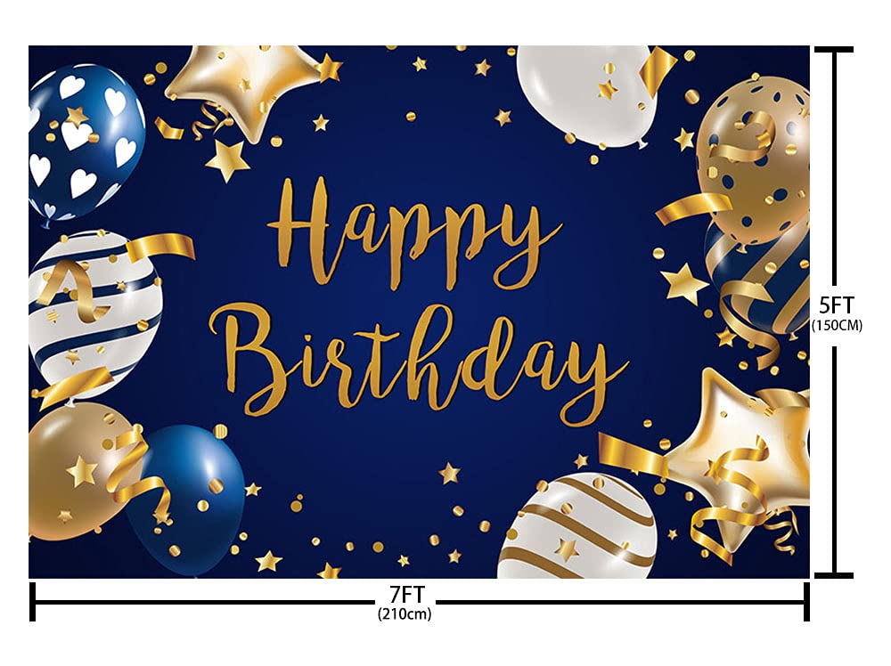 MEHOFOND Navy Blue & Gold Happy Birthday Banner Backdrop - 7x5ft Vinyl Photography Background for Men's Birthday Party Decor, Cake Table, Studio & Photo Booth Props | Perfect for Indoor & Outdoor Celebrations