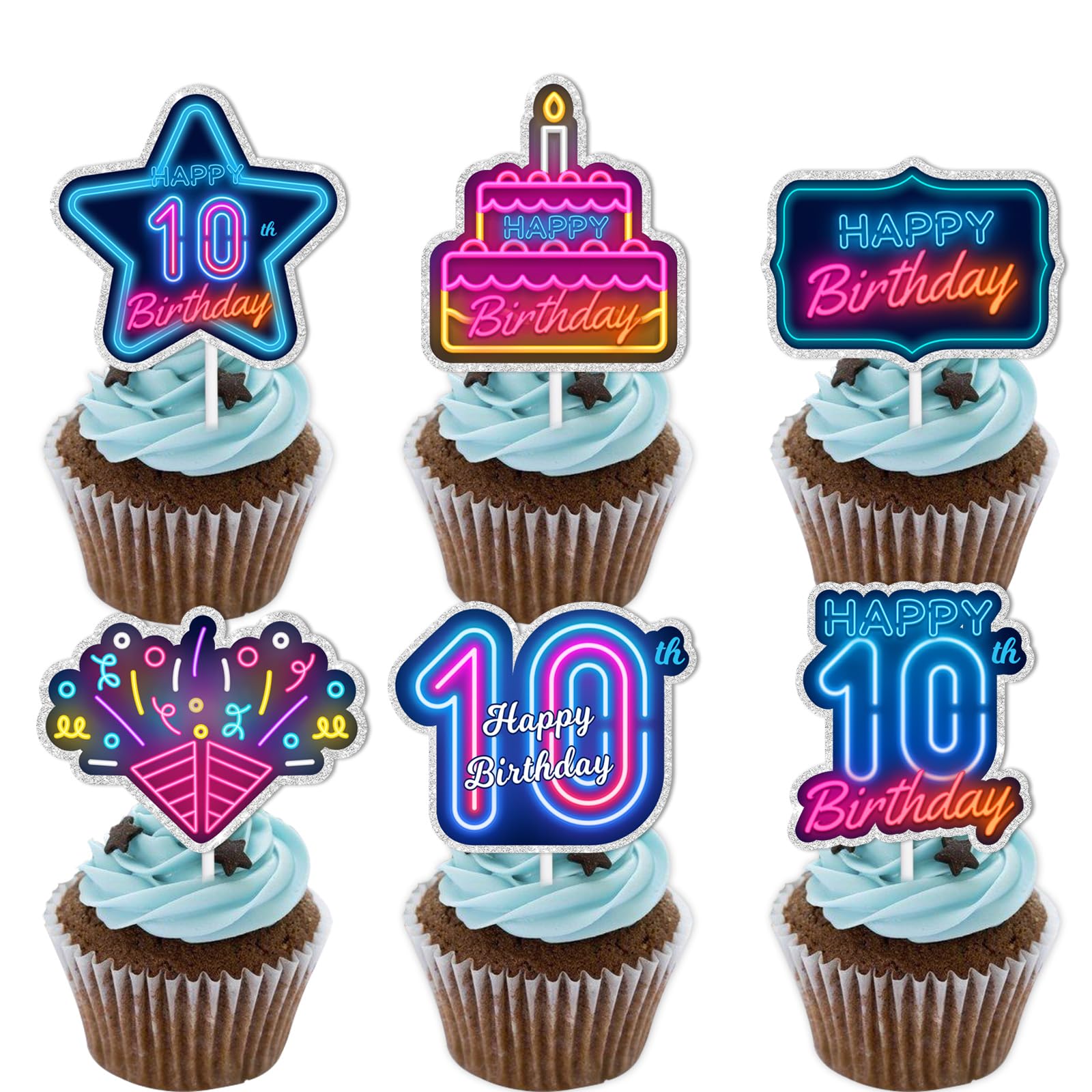 18-Piece Blue Fluorescent Glitter Cupcake Toppers - 