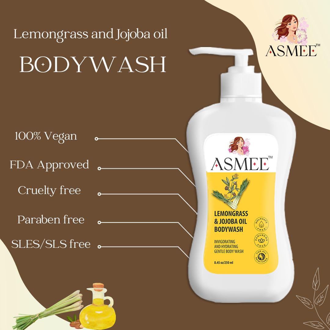 ASMEE Keratin & Argan Oil Shampoo & Conditioner Set with Lemongrass Jojoba Body Wash - Hair & Body Care Combo for Dry Damaged Hair & Smooth Skin - Perfect for Daily Shower & Salon-Quality Results