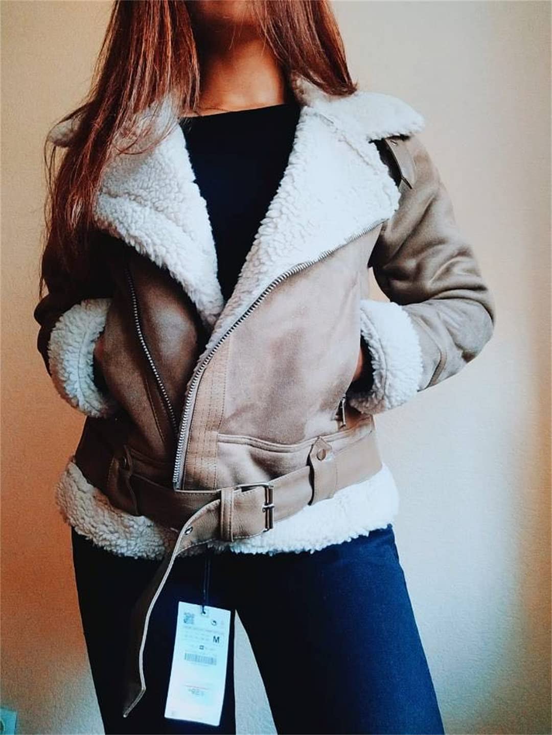 Women's Faux Suede Leather Jacket - Winter Warm Thick Loose Fit Motorcycle Coat with Faux Lamb Wool Lining | Stylish Outerwear for Casual Wear, Biker Outfits & Cold Weather Fashion