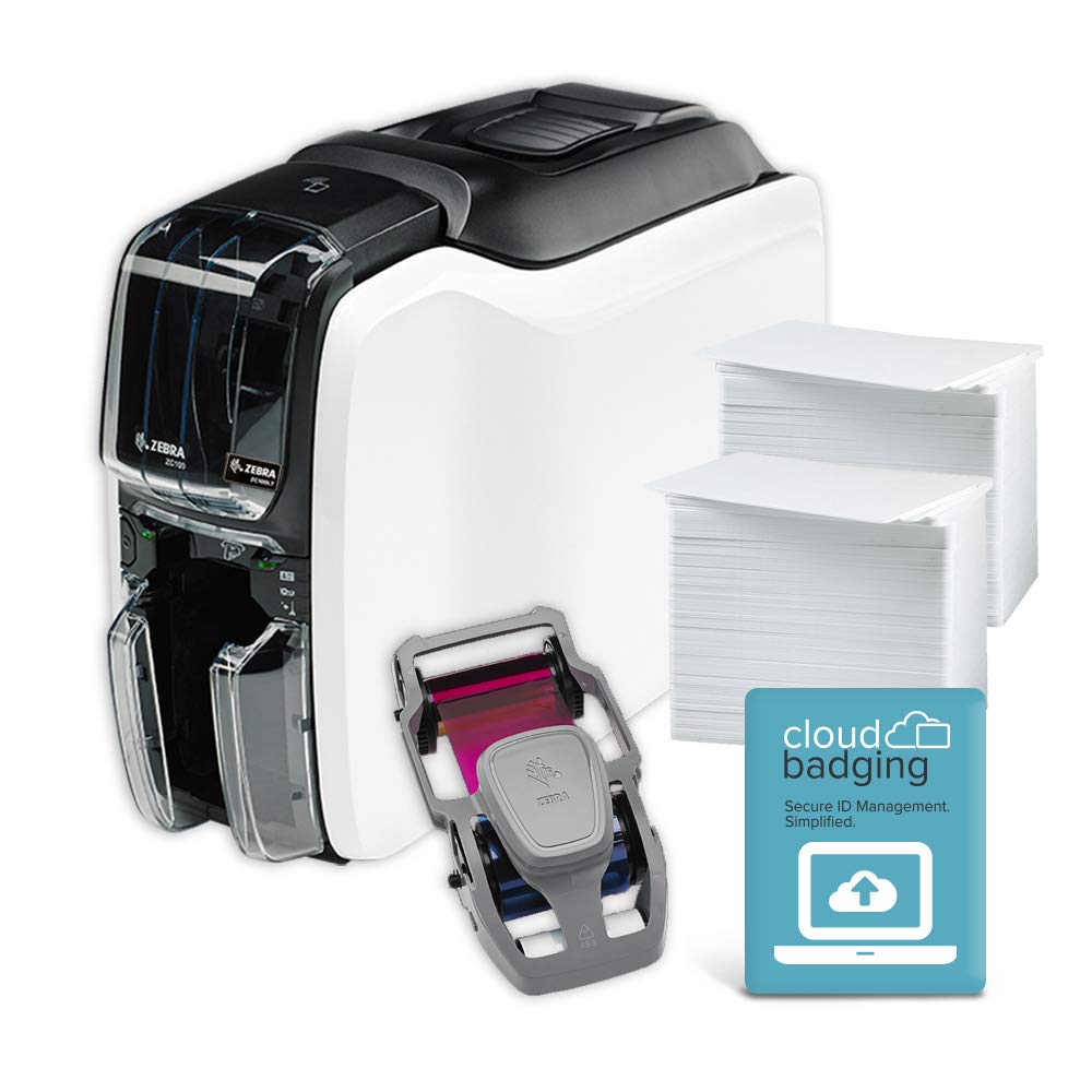 Zebra ZC100 LT ID Card Printer Kit - Complete Supplies Package with CloudBadging Software, 100 Blank PVC Cards & Color Ribbon for Office Security, Employee Badges & School IDs