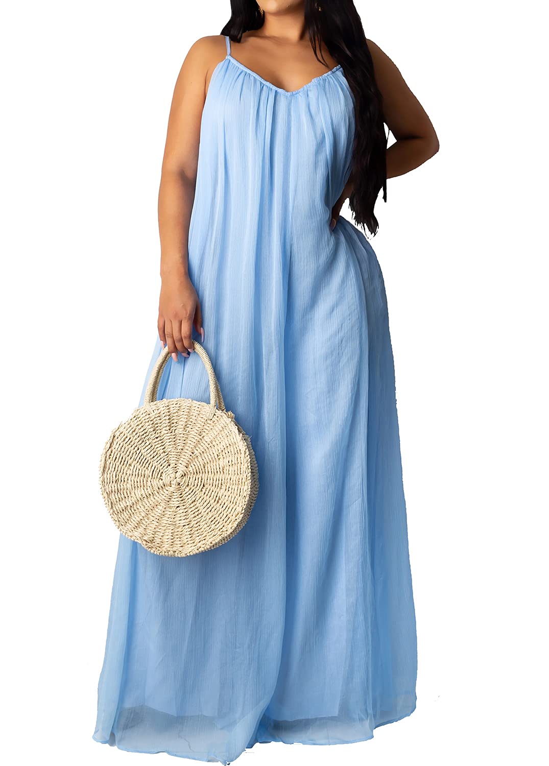 Plus Size Sleeveless Chiffon Maxi Dress for Women - Elegant Backless Evening Gown & Flowy Beach Sundress - Perfect for Weddings, Parties & Summer Vacations