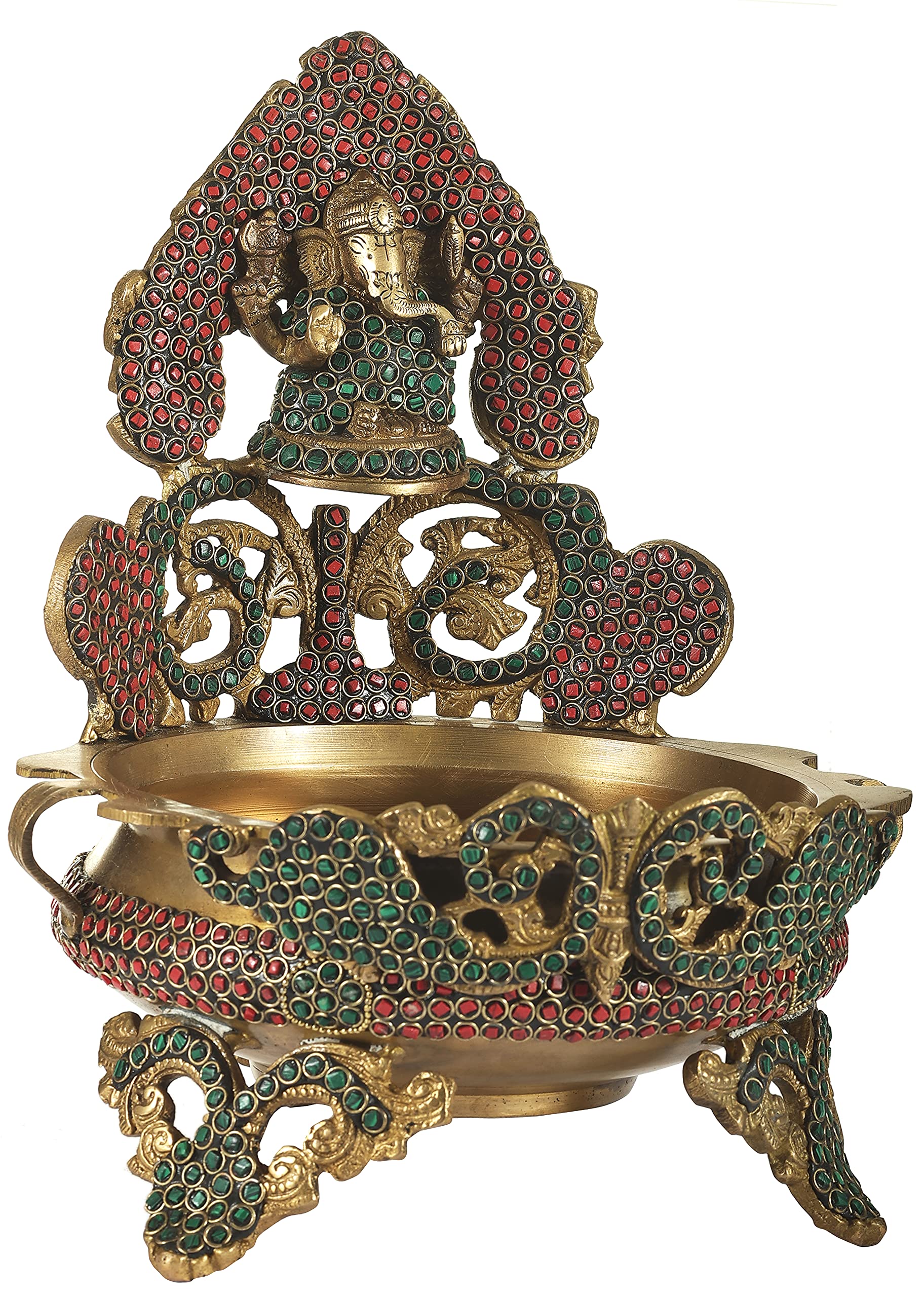 Exotic Indian Ganesha Urli Brass Bowl with Inlay Stone Work - Handcrafted Hindu Religious Decor for Home Altar, Meditation & Yoga Space