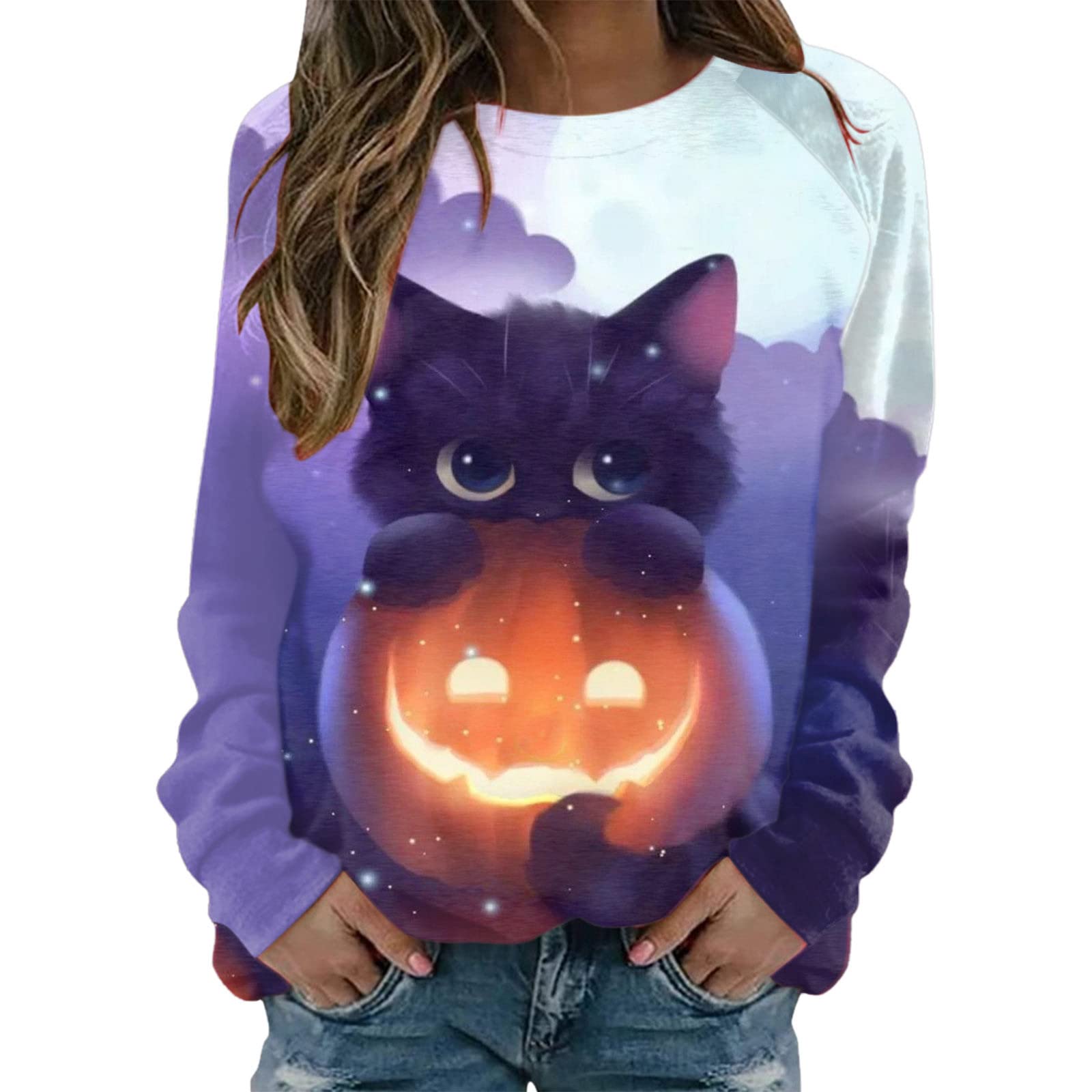 Halloween Shirt for Women - Cute Halloween Print Pullover Sweatshirt | Cozy Round Neck Long Sleeve Top | Perfect for Halloween Parties, Trick or Treating & Fall Outfits