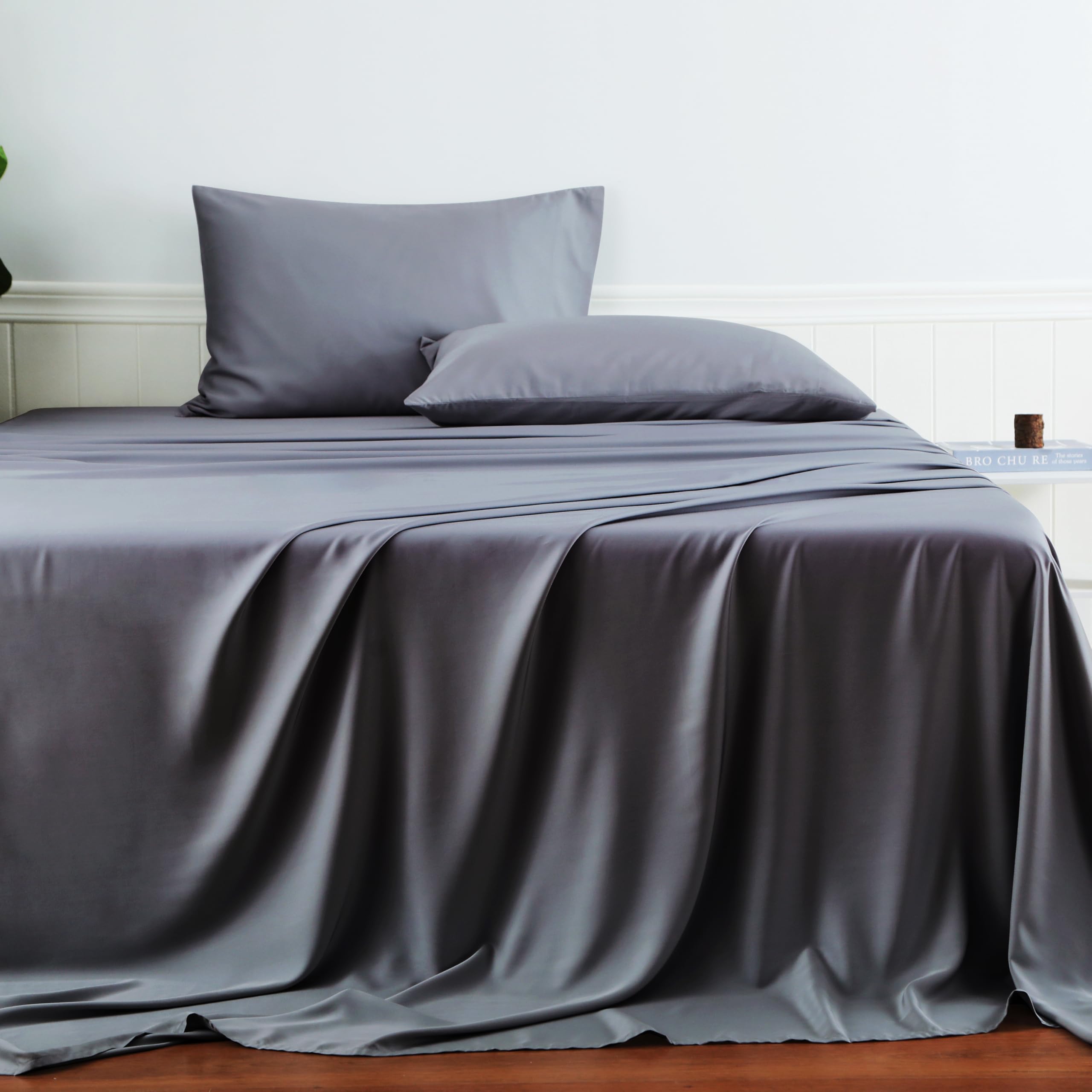 Luxury Bamboo Viscose King Size Flat Sheet - Sateen Weave, Ultra Soft & Cooling for Hot Sleepers, Breathable & Silky Smooth - Perfect for Summer Nights & All-Season Comfort (Dark Grey, King)