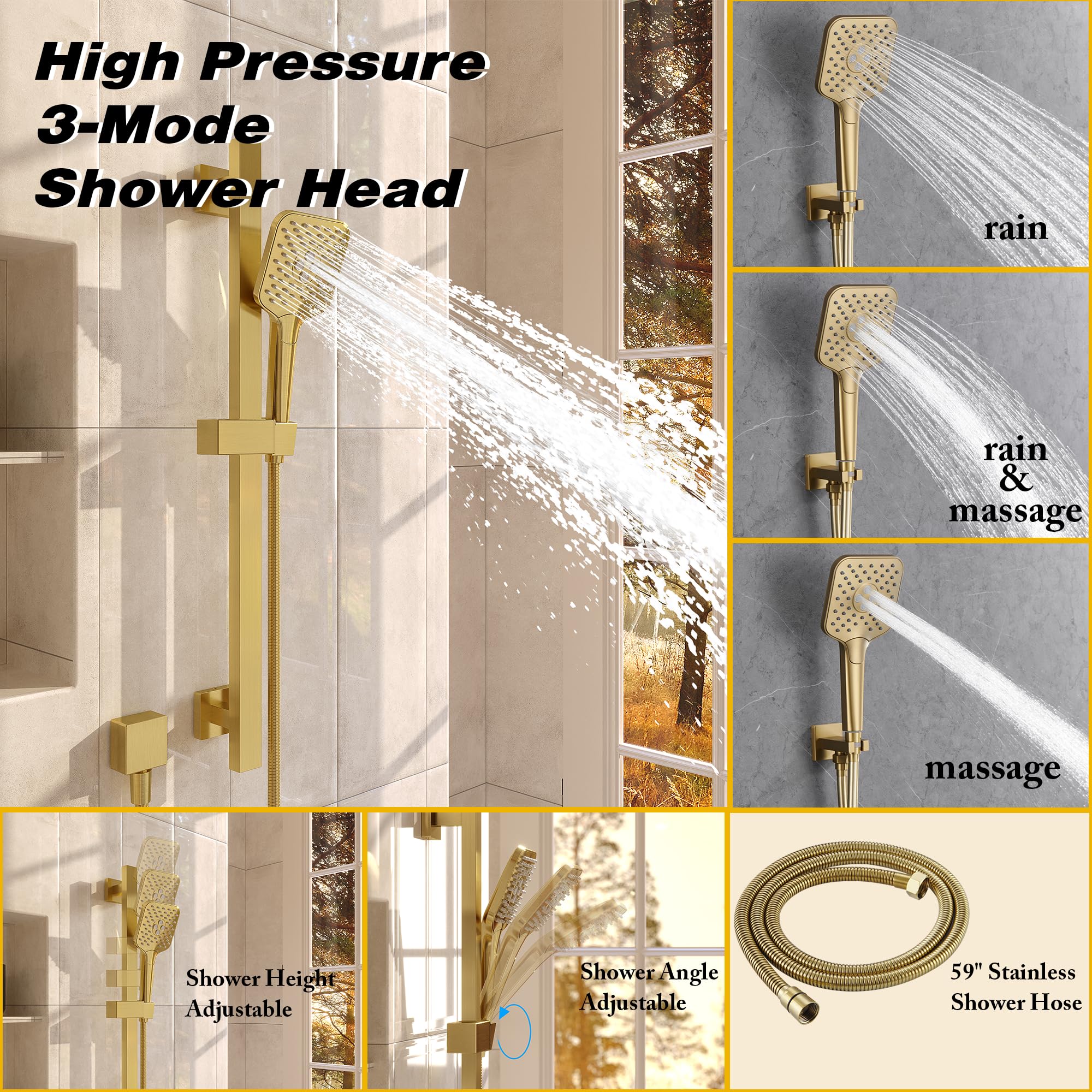 Gabrylly 10-Inch Rain Shower Head with Handheld Spray Combo, Brushed Gold Bathtub Shower Faucet Set with Slide Bar & Valve - Perfect for Modern Bathroom Renovations & Spa-Like Shower Experience