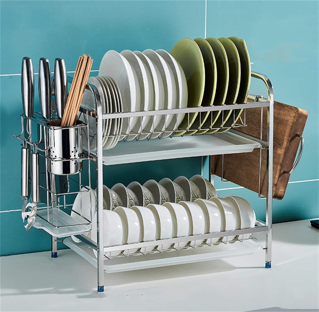 Stainless Steel Dish Rack with Drain Board - Heavy Duty Kitchen Countertop Drying Rack for Plates, Bowls & Utensils - Space Saving Dishware Storage Organizer for Small Kitchens, Apartments & RVs