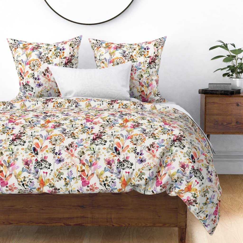 Premium Cotton Sateen Duvet Cover Full/Queen Size - Watercolor Botanical Print Wild Nature Plants Design | Custom Bedding Set for Cozy Bedroom Decor