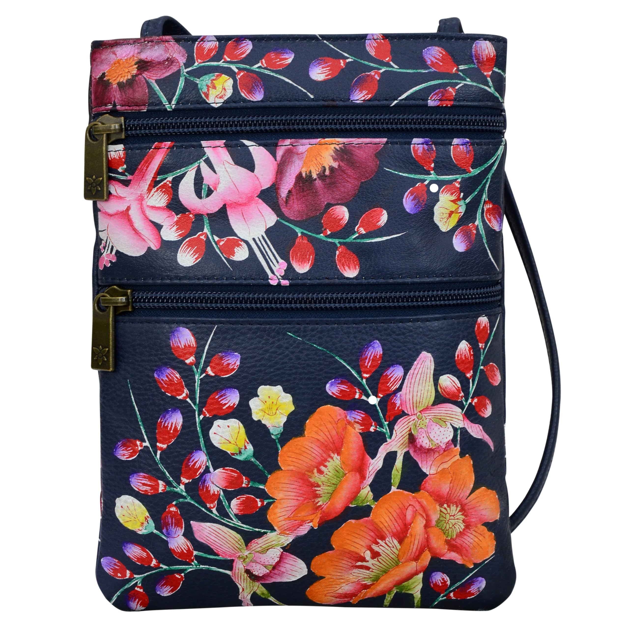Anuschka Women's Hand Painted Genuine Leather Crossbody Purse - Mini Double Zip Travel Bag with Magnetic Closure, ID Holder & Optical Case - Perfect for Daily Use, Shopping & Travel Accessories