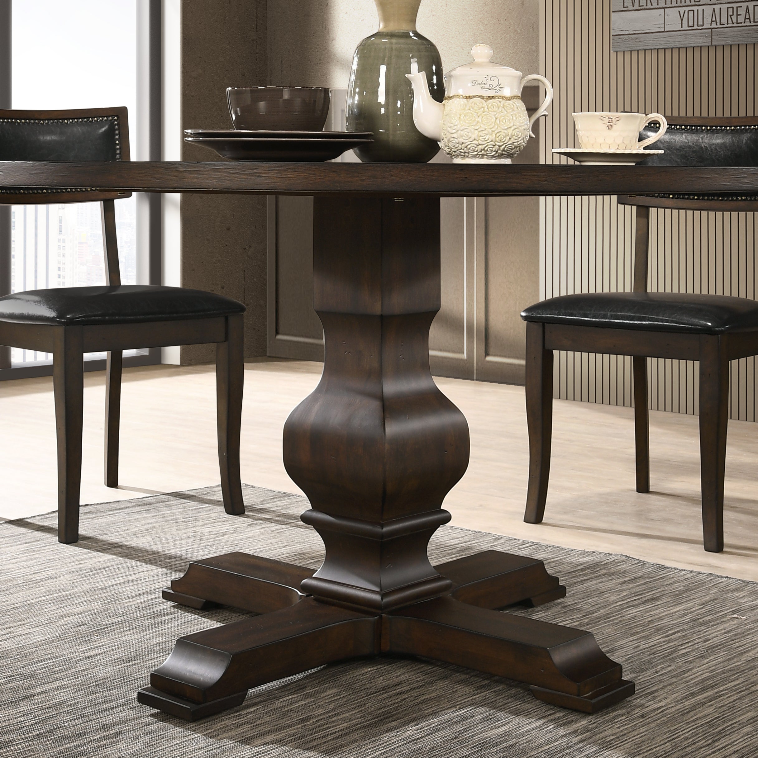 Roundhill Furniture Havre Espresso Finished Wood Pedestal Round Dining Table - 42 Inch Modern Farmhouse Kitchen Table for Dining Room & Breakfast Nook
