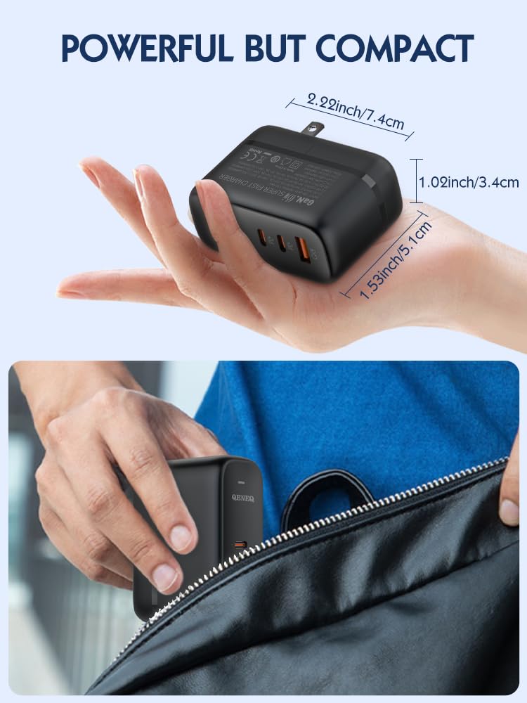QENEQ GaN 65W USB C Fast Charger with 3 Ports, Foldable Wall Charger & Universal Travel Adapter (EU/UK Plug) - Compatible with MacBook, iPad Pro/Air, iPhone 15/16, Samsung S24, Laptop, Steam Deck - Perfect for Travel, Office & Home Use