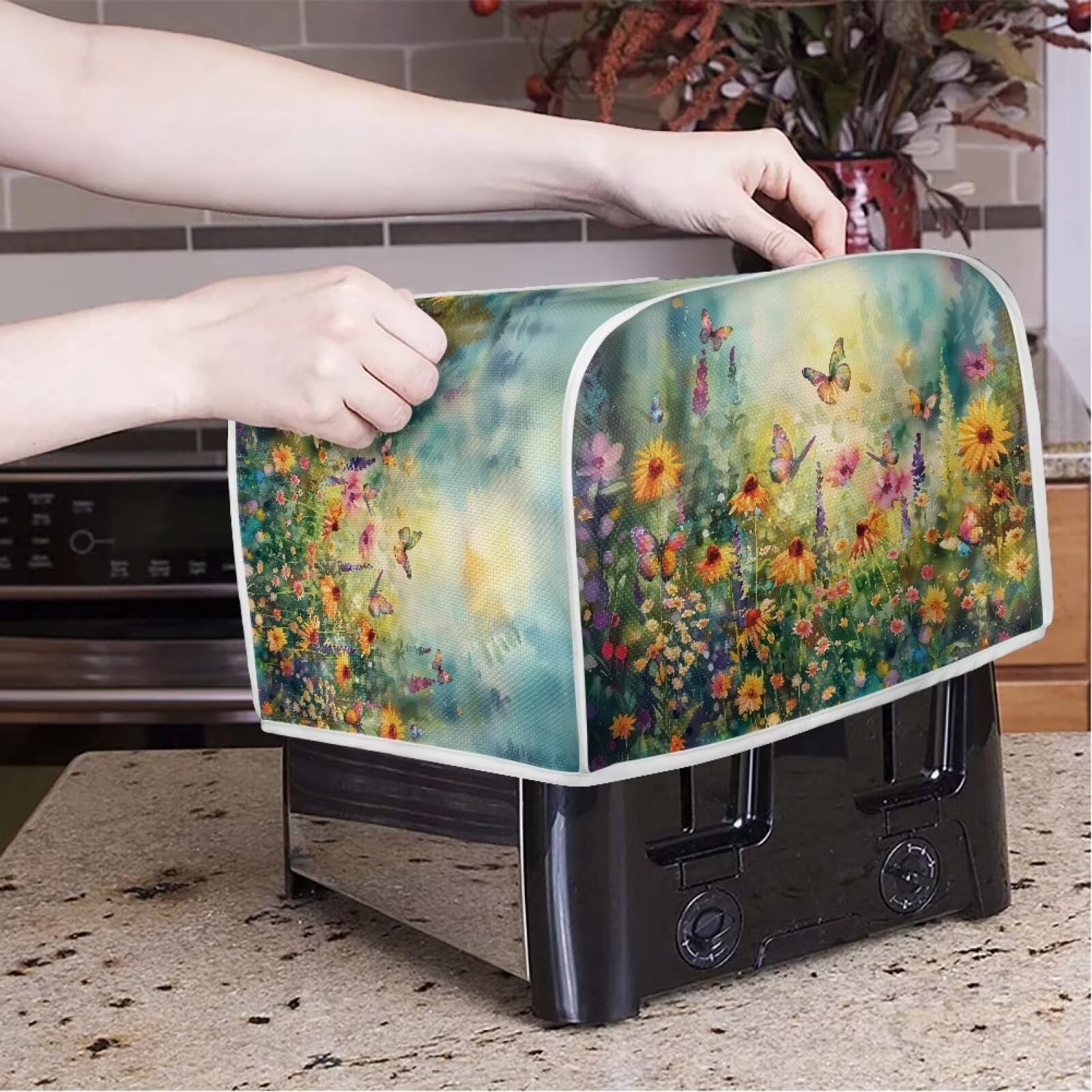Vibrant Floral Print Quilted Toaster Cover - Stylish & Durable 2-Slice Toaster Oven Cover for Kitchen Small Appliances - Perfect for Bread Makers, Toasters & Countertop Protection