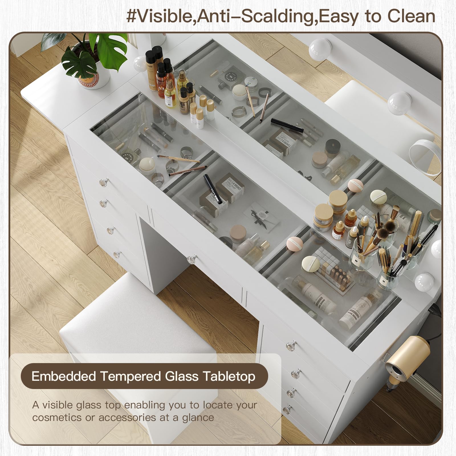 Vanity Desk with Power Outlet & LED Lights - Makeup Vanity Set with Mirror, 9 Drawers & Fold-up Panel - 3 Adjustable Lighting Modes (White) | Perfect for Bedroom, Dressing Room & Beauty Salon