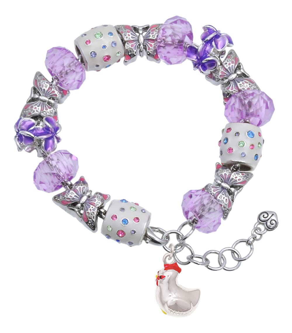 Delight Jewelry Silvertone Chicken 3D Purple Butterfly Beaded Charm Bracelet with 7