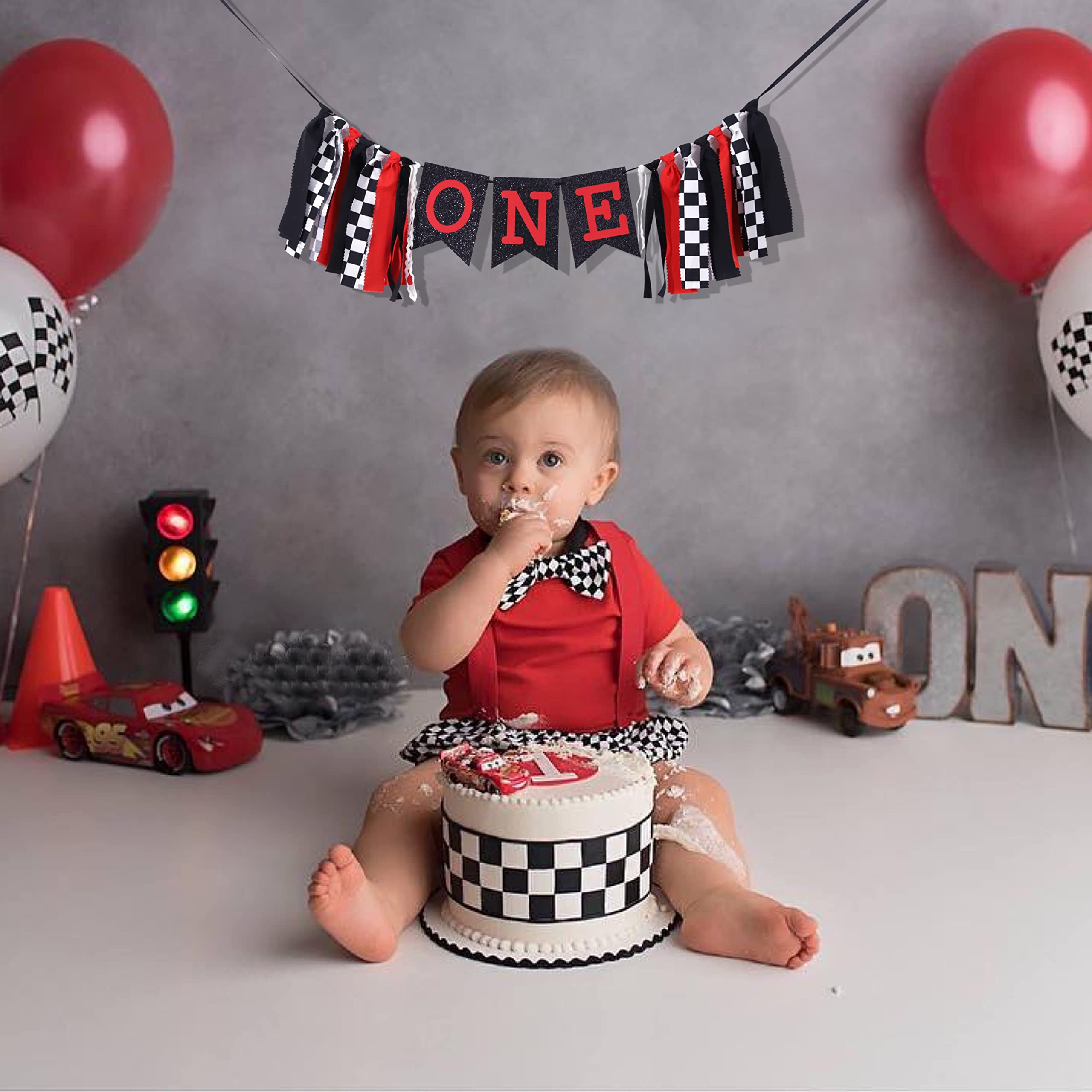 Checkered Flag Racing High Chair Banner - 1st Birthday Party Decorations for Boys, Race Car Theme Cake Smash Photo Props | Perfect for Baby's First Birthday, Motorsport Themed Celebrations & Photo Shoot Backdrops