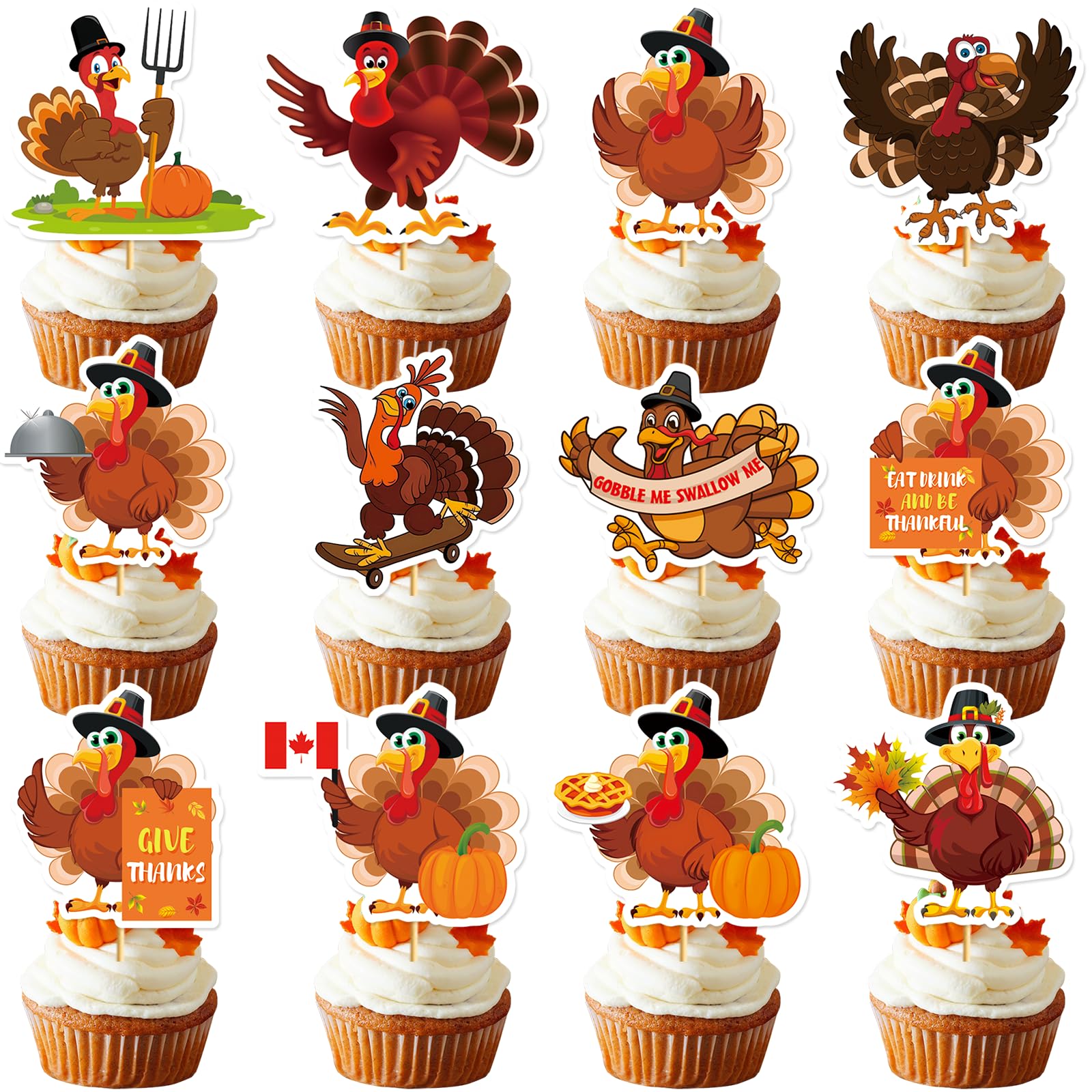 36Pcs Thanksgiving Cupcake Toppers - Turkey & Friendsgiving Themed Cupcake Decorations for Thanksgiving Party Supplies | Perfect for Friendsgiving Celebrations, Holiday Desserts & Festive Baking