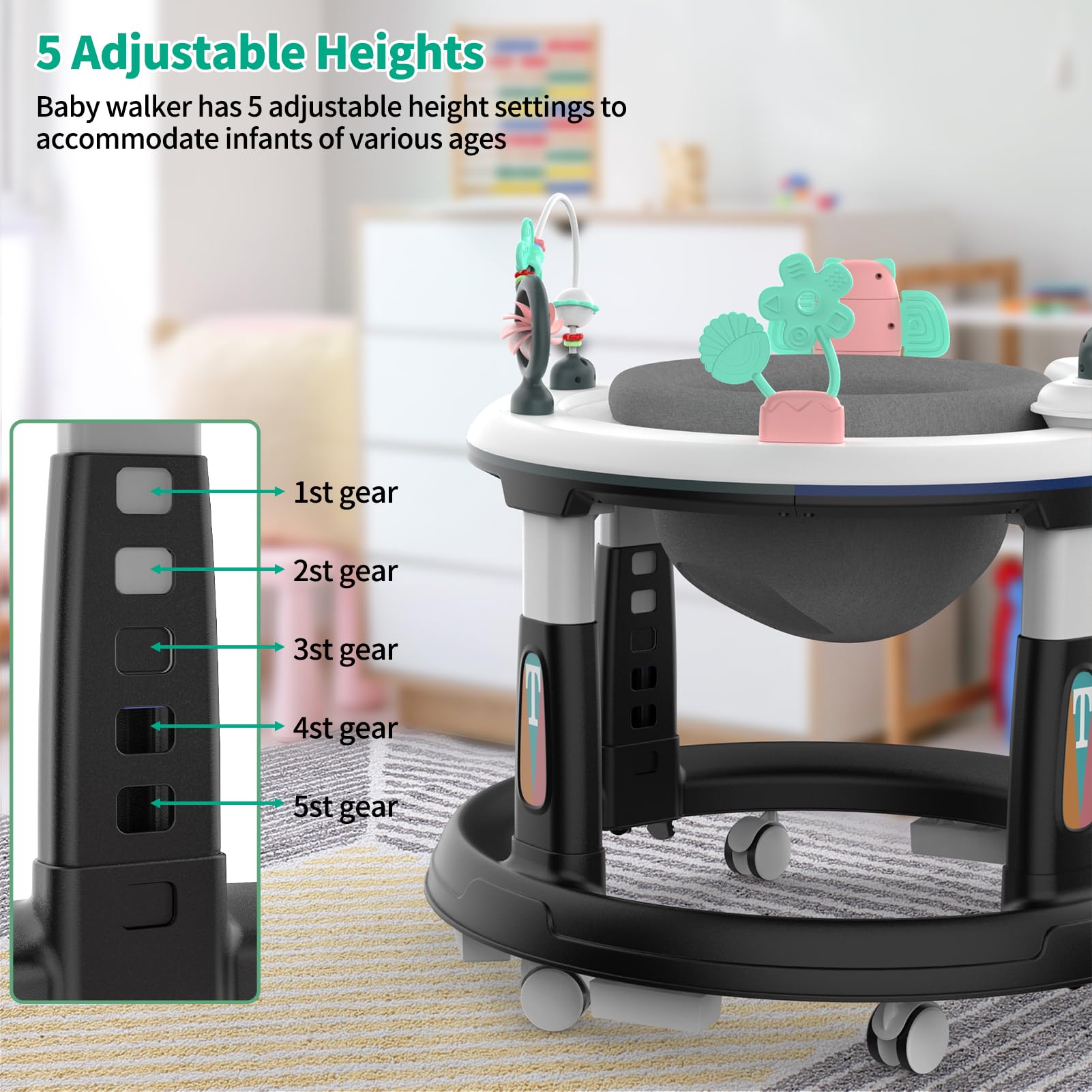 Best Baby Walker for 6-12 Months - Adjustable Height with Wheels, Music & Lights - Activity Center with Detachable Toys & Bounce Pad - Perfect for Learning to Walk & Playtime Fun for Boys & Girls