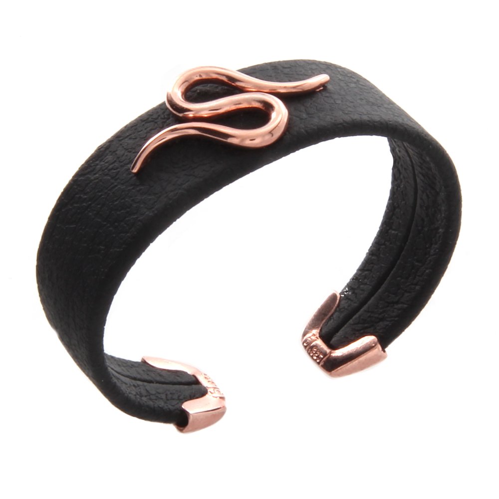 AZAGGI Rose Gold Plated Sterling Silver S-Design Black Leather Cuff Bracelet - Elegant Women's Fashion Jewelry for Holiday Gifts, Birthday, Anniversary & Special Occasions