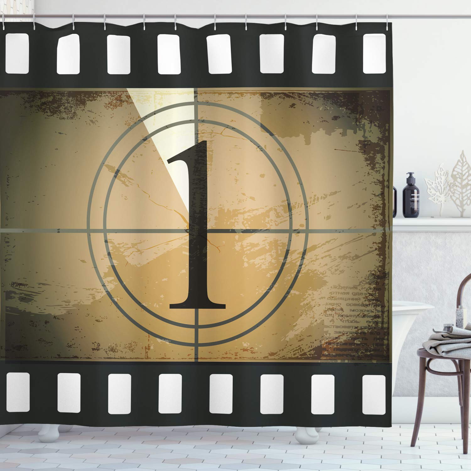 Ambesonne Vintage Movie Theater Shower Curtain - Grunge Film Strip Countdown Design with Circle Numbers, 69x75 Inch Black Brown Fabric Bathroom Decor Set with Hooks | Perfect for Cinema Lovers' Bathroom & Themed Home Decor