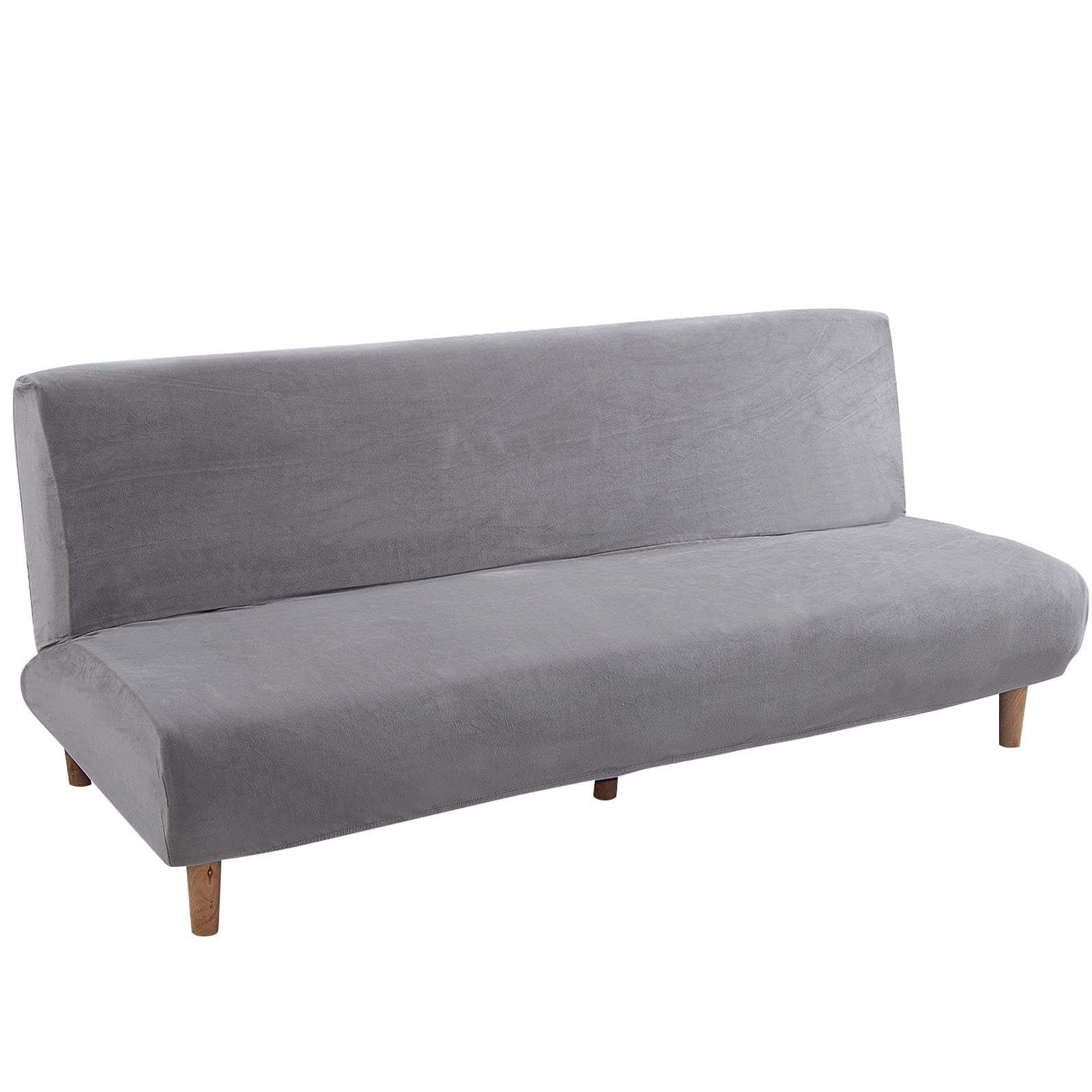 Velvet Stretch Slipcover for Armless Futon Sofa - Elastic, Washable Couch Cover Furniture Protector - Fits Folding Futon, Sofa Bed Without Armrests (Grey) - Perfect for Home, Apartment, Dorm & Moving Protection
