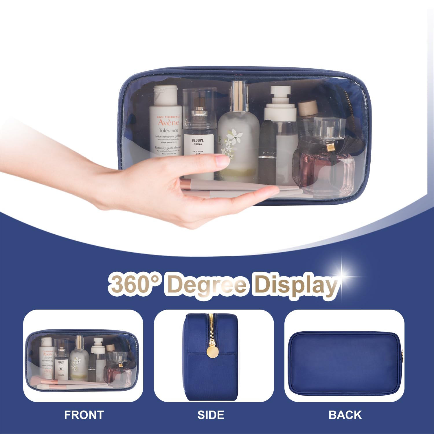 Waterproof Clear Travel Toiletry Bag for Cosmetics & Makeup - TPU & Nylon Zipper Pouch (Large, Navy Blue) | Perfect for TSA Compliance, Air Travel & Organizing Bathroom Essentials