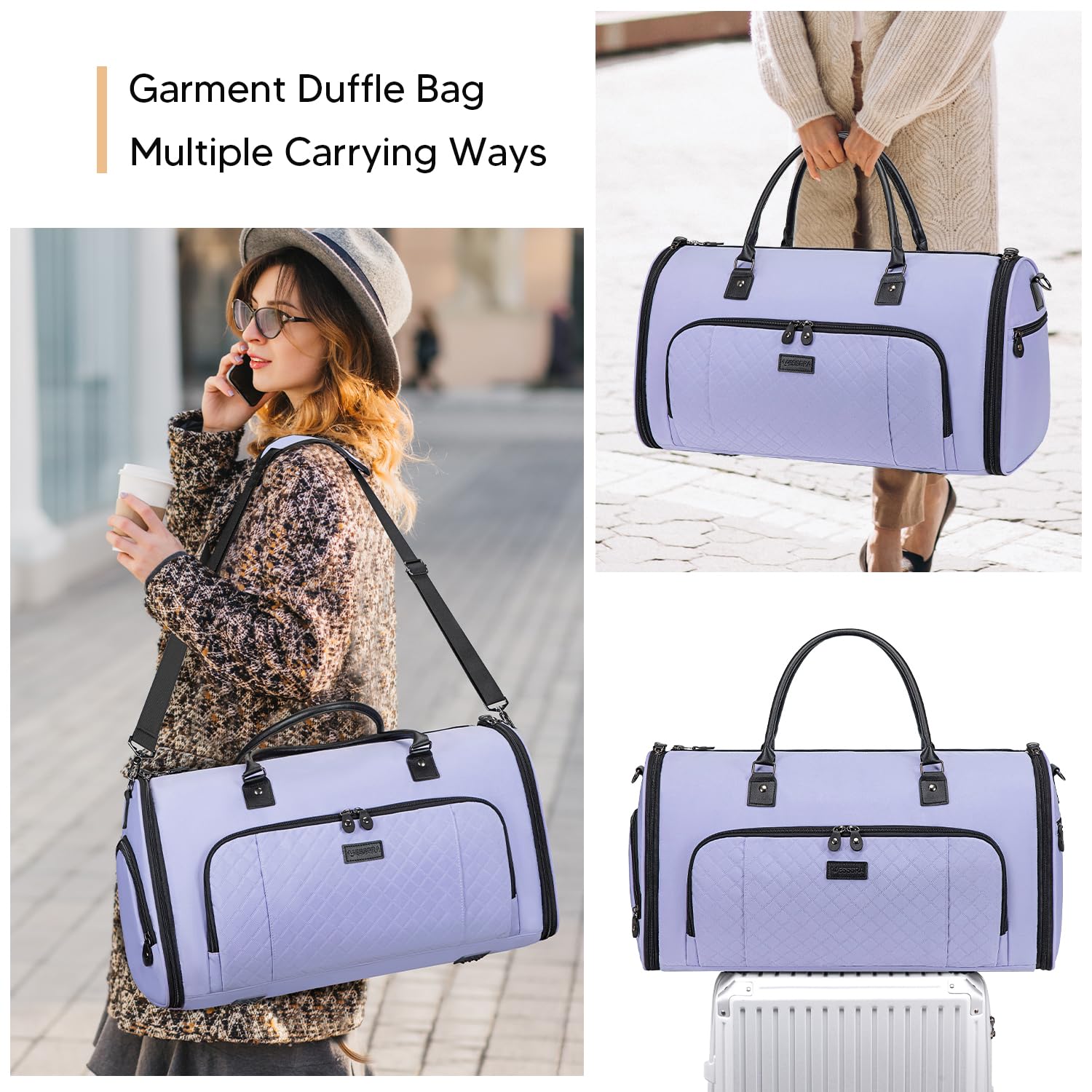 2-in-1 Convertible Travel Garment Bag for Women - Carry On Duffle with Detachable Shoulder Strap & Shoe Compartment (Purple) | Perfect for Business Trips, Weddings & Airplane Travel
