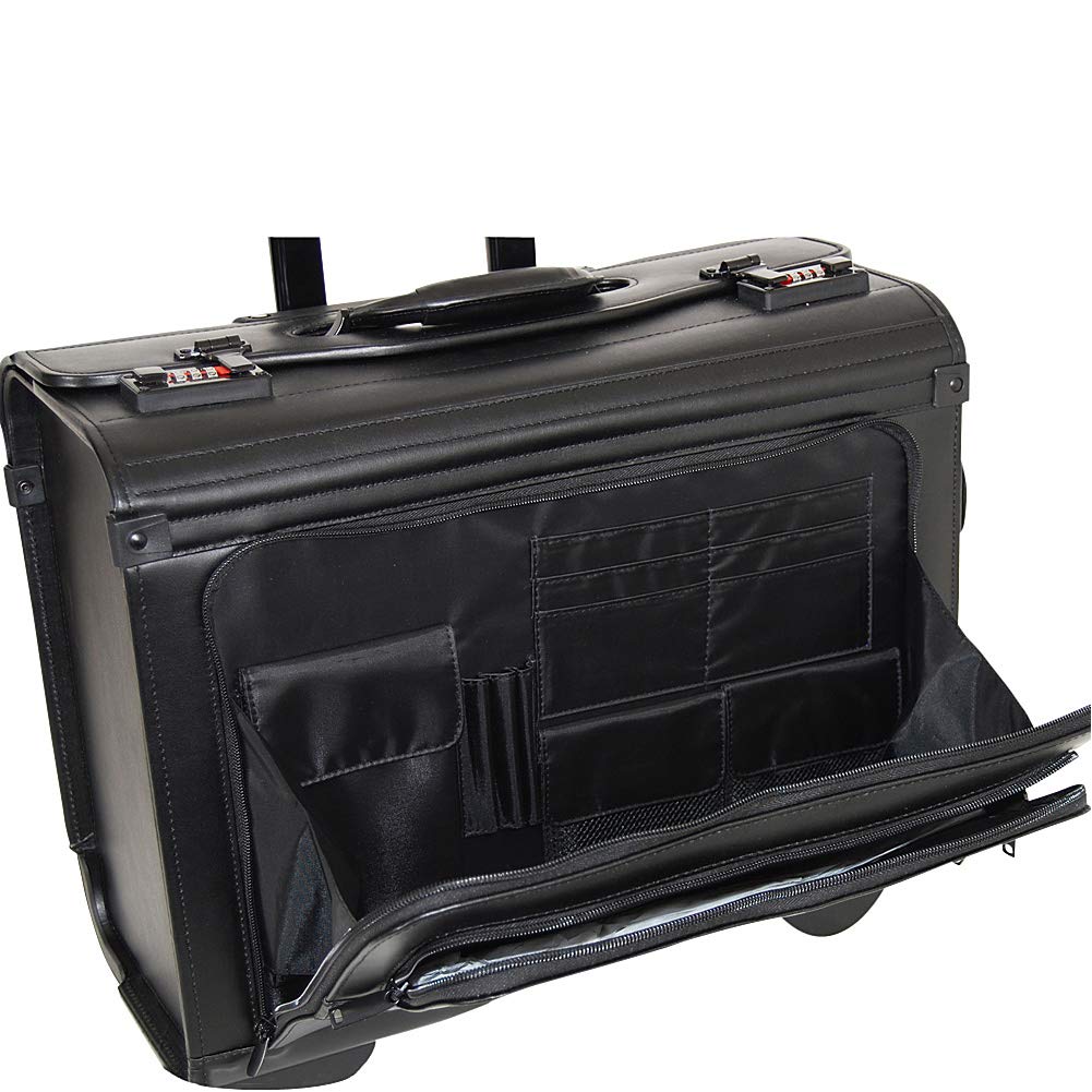 Premium Black Leather Rolling Computer & Catalog Case - Durable Laptop Briefcase with Wheels for Business Travel, Office & Commuting