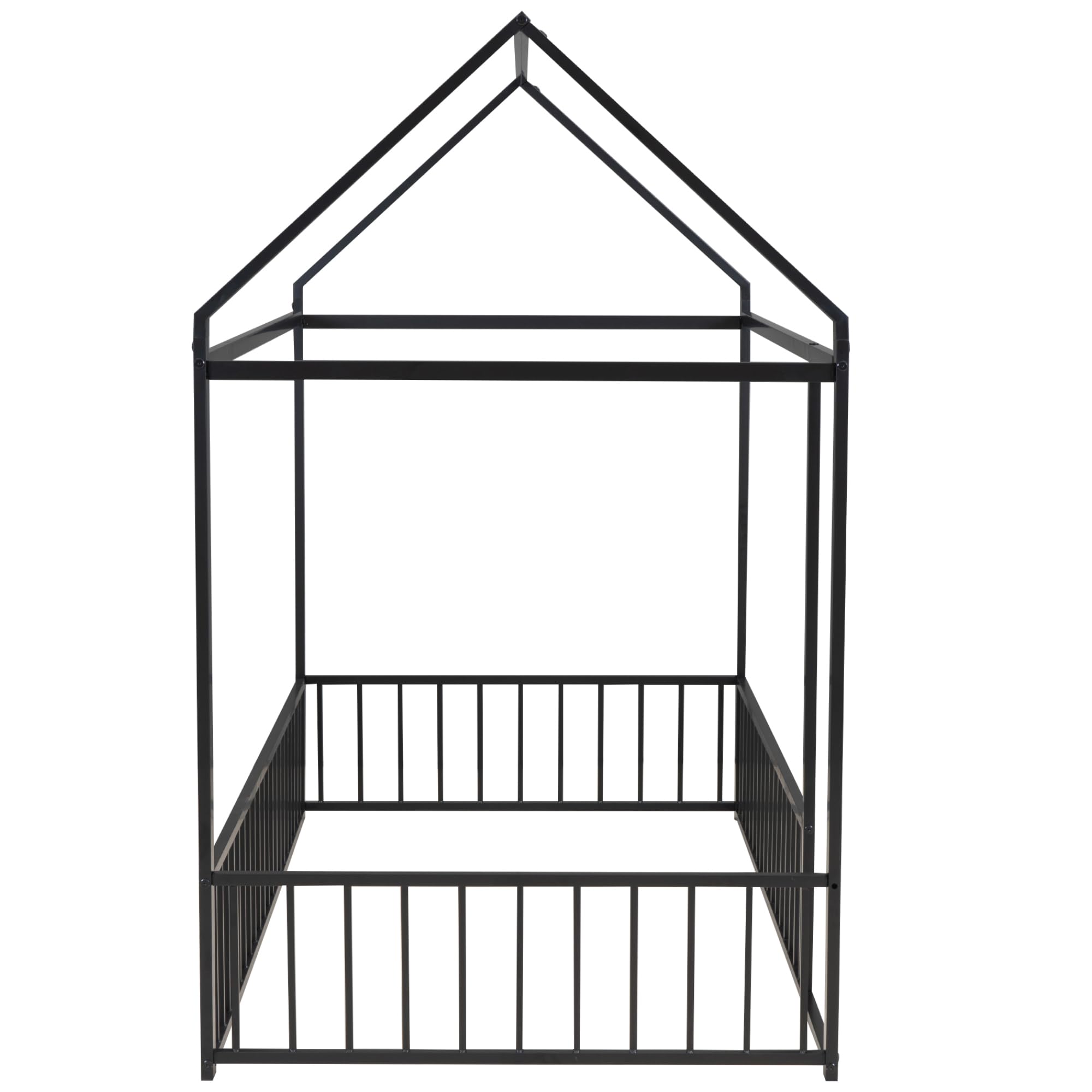 SOFTSEA Twin Size Metal Bed Frame with Fence - Sturdy House-Shaped Floor Bed with Safety Railings for Kids | Perfect for Bedrooms, Playrooms & Montessori Spaces (Black)