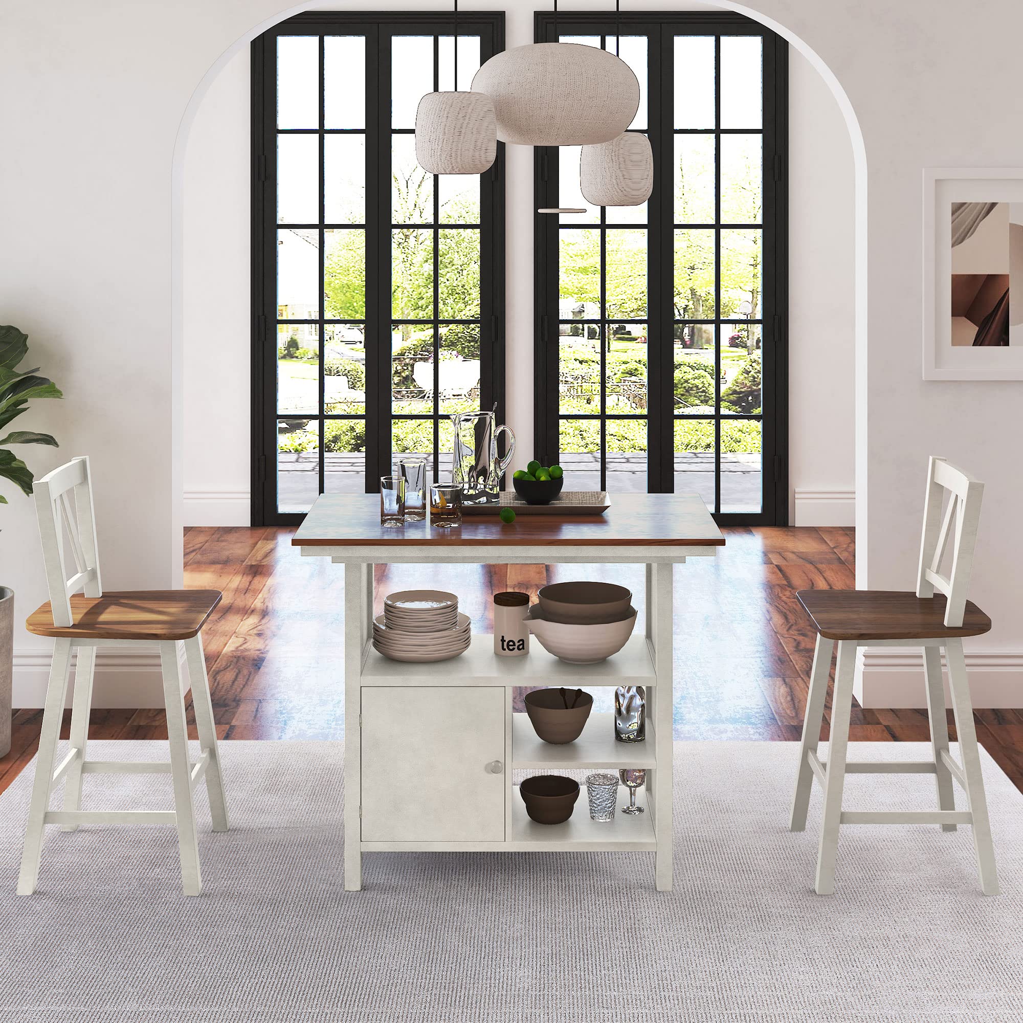 Farmhouse Style 3-Piece Counter Height Dining Set with Storage Sideboard & 3-Tier Shelves - Wooden Kitchen Bistro Table for Small Spaces | Perfect for Apartments, Breakfast Nooks & Cozy Dining Areas