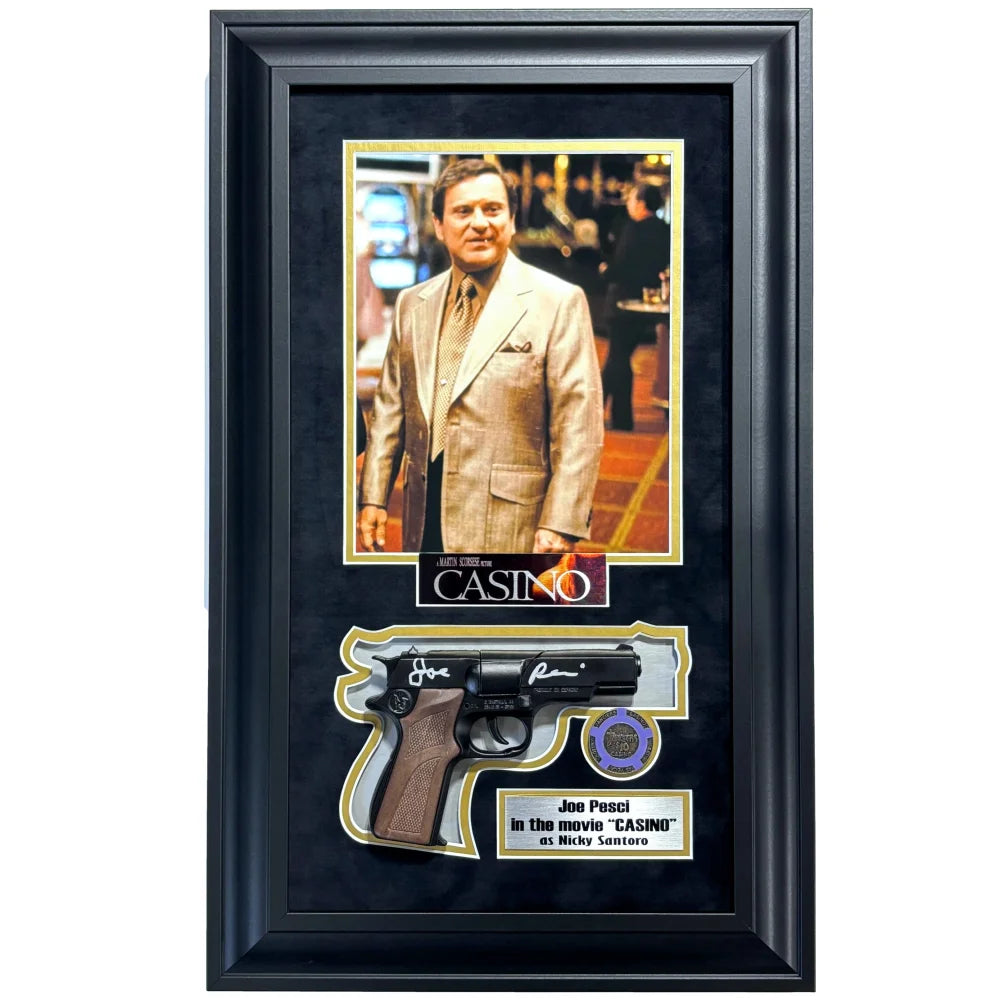 Joe Pesci Autographed Casino Movie Prop Gun with COA - Framed Collectible Memorabilia from Tangiers Las Vegas - Perfect for Movie Fans & Casino Enthusiasts Display