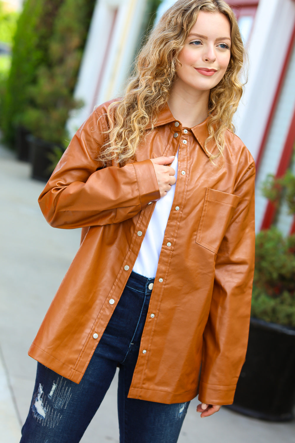 Rust Vegan Leather Snap Button Shacket - Eco-Friendly & Stylish Jacket for Men & Women | Perfect for Fall & Winter Outfits