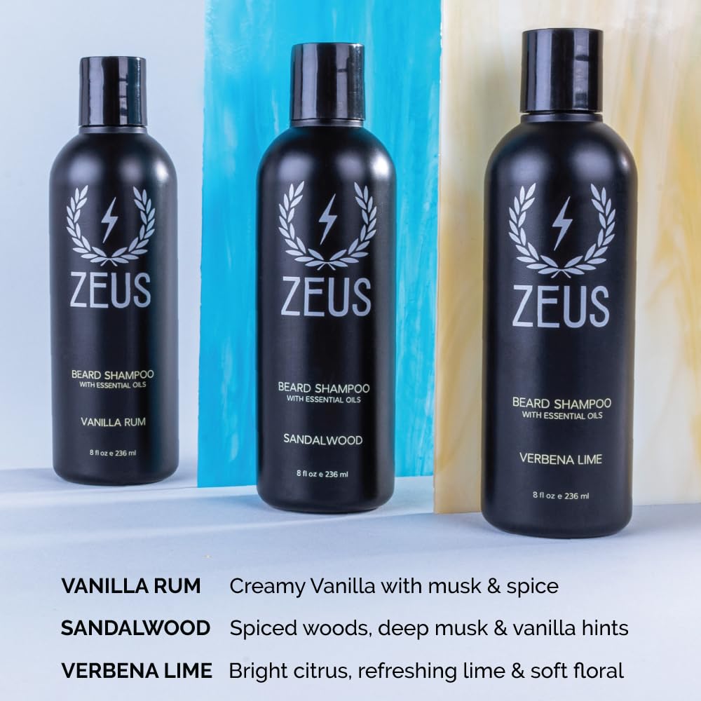 Zeus Beard Shampoo and Wash for Men - 8oz Natural Beard Cleanser with Verbena Lime Scent - Hydrating & Conditioning Beard Care for Soft, Healthy Facial Hair - Perfect for Daily Grooming & Styling Routine