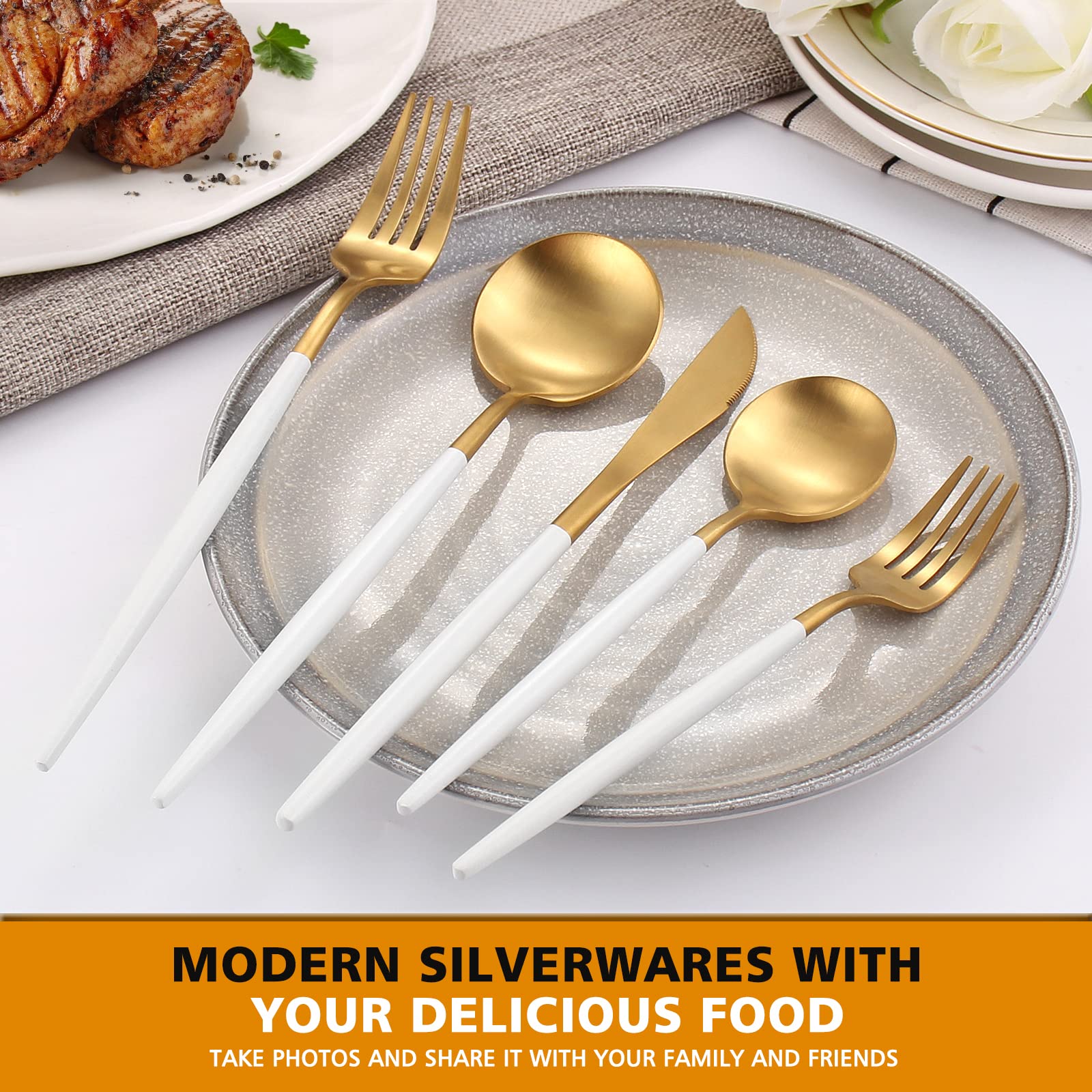 Oliviola 20-Piece Matte White Gold Silverware Set - Stainless Steel Flatware Cutlery Set Service for 4 - Satin Finish Kitchen Utensils - Dishwasher Safe - Perfect for Dinner Parties, Weddings & Everyday Dining