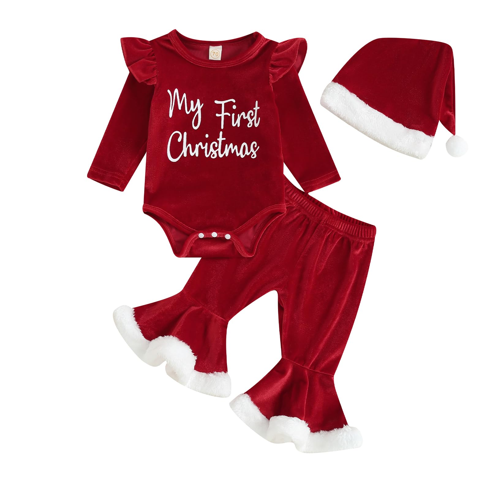 Adorable Toddler Baby Girl Christmas Outfits - Letter Print Ruffle Long Sleeve Romper & Flare Pants Set | Newborn Fall Winter Holiday Clothes for Parties & Family Photos