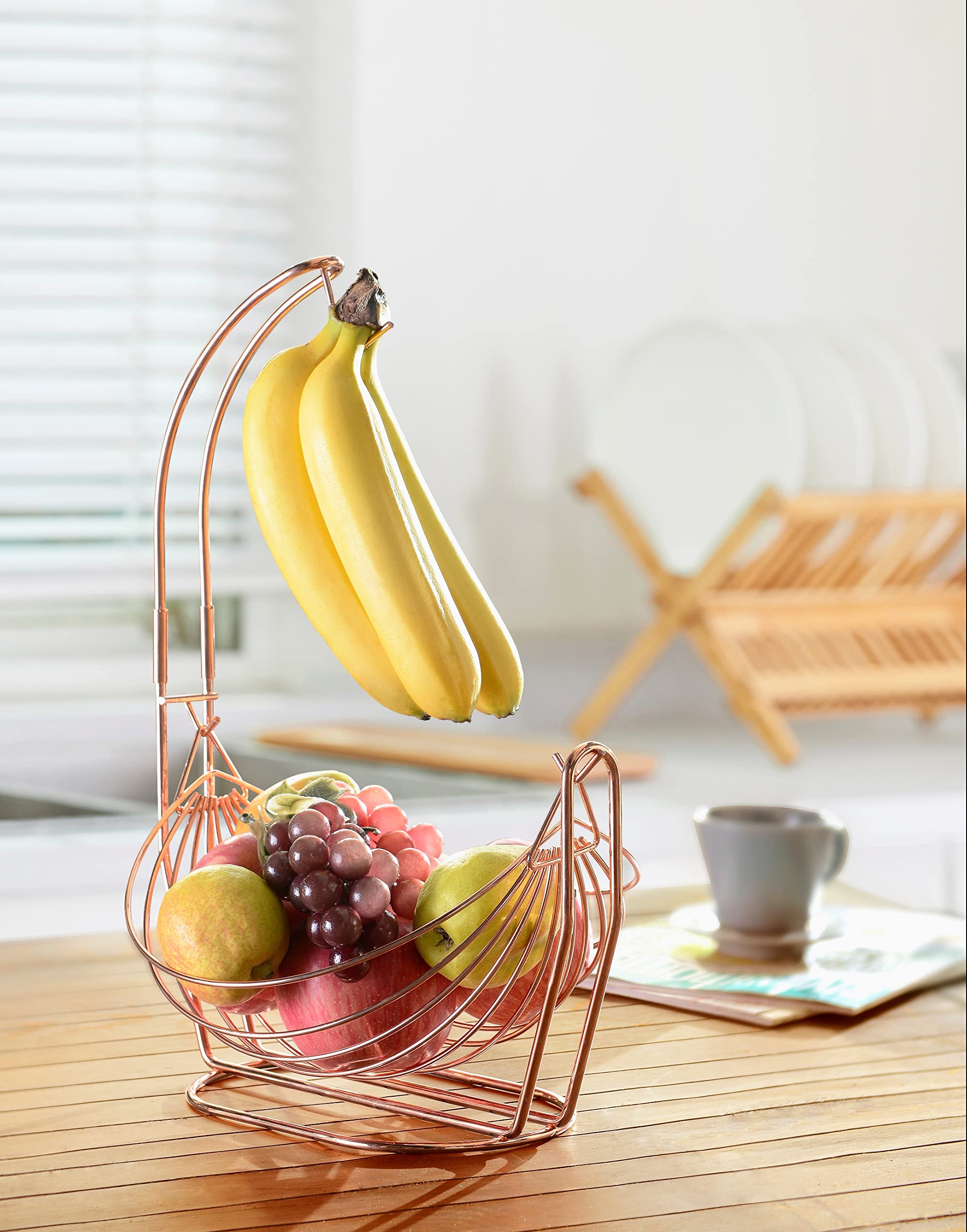 Elegant Rose Gold Fruit Basket with Banana Hanger - Stylish Kitchen Countertop Organizer for Fruits, Bananas, and Home Decor