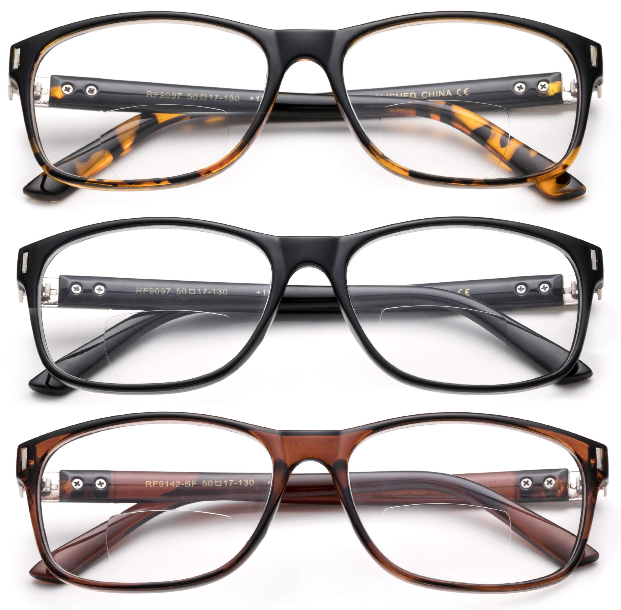 3-Pack Unisex Bifocal Reading Glasses 1.00 Strength - Rectangle Frame with Protective Pouches - Perfect for Reading, Crafts & Close-Up Work