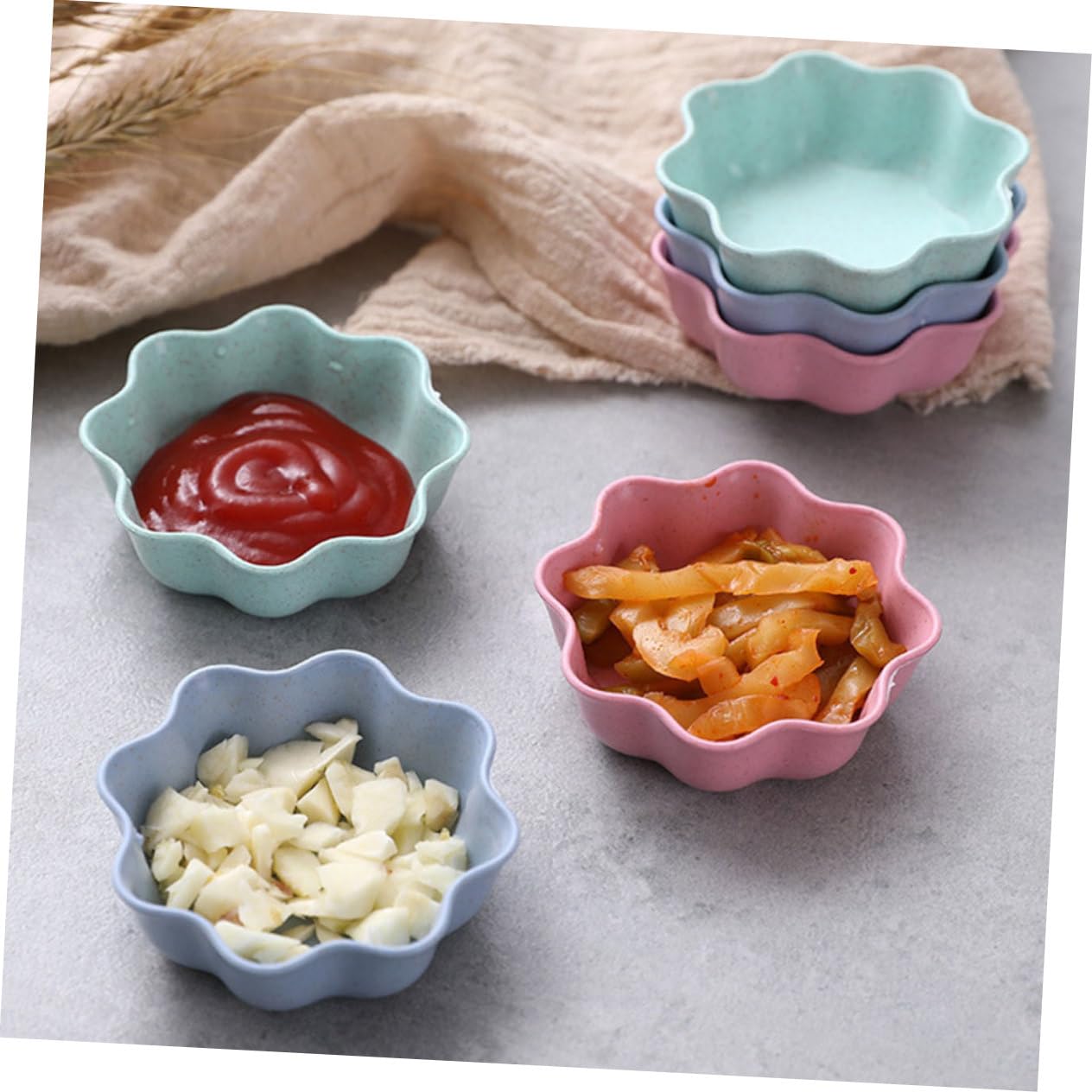 6-Piece Japanese Style Dinnerware Set - Wheat Straw Plates & Condiment Bowls for Sushi, Dipping Sauces | Eco-Friendly Small Dishes for Asian Cuisine, Party Appetizers & Home Dining