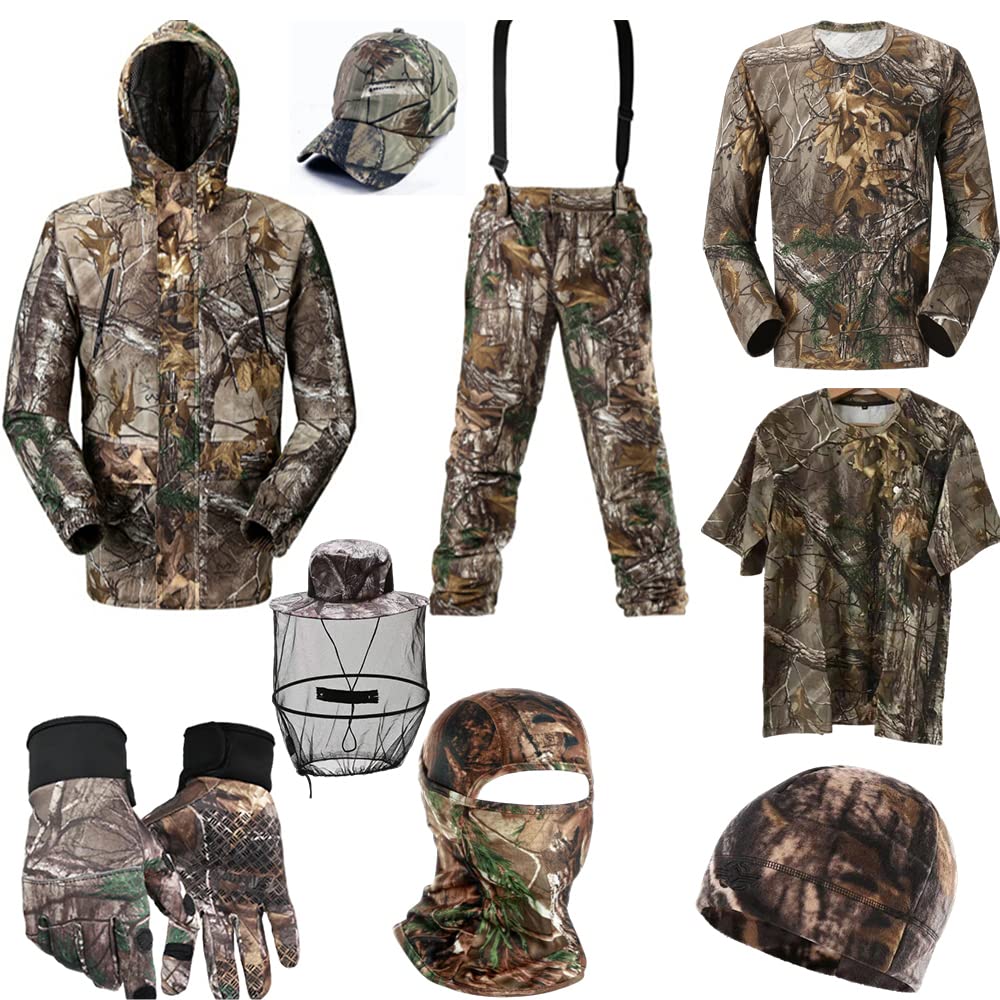 LLAIKEPH Camo Hunting Set for Men & Women - 9-Piece Water-Resistant Outfit with Bibs, Long/Short Sleeve T-Shirts, Deer Jacket & Pants | Ideal for Hunting, Outdoor Adventures & Wilderness Survival