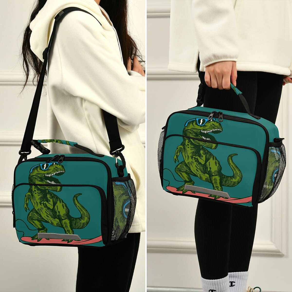 Dinosaur Lunch Box for Kids - Insulated Cooler Bag with Adjustable Shoulder Strap, Cute Surfer Dino Design - Perfect for School, Picnic, Beach & Skateboarding