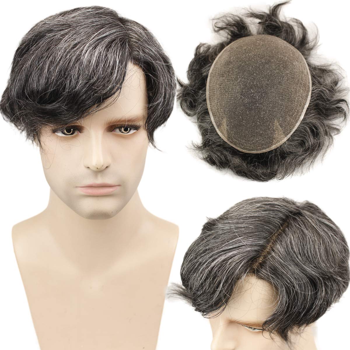 Premium Swiss Lace Base Toupee for Men - 10x8 Virgin Human Hair Replacement System with Soft Thin Skin (80% #1B Black & 20% Grey) - Natural Looking Hairpiece for Daily Wear, Special Occasions & Confidence Boost